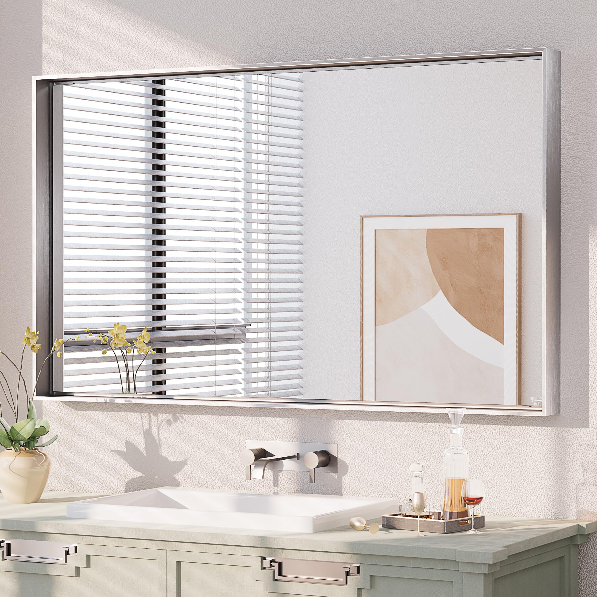 Keonjinn Brushed Nickel Bathroom Vanity Mirror 40” x 24” Silver Mirror Rectangular Wall Mirror for Bathroom, Metal Framed Mirror Square Corner Farmhouse Mirror Decorative Mirror(Horizontal/Vertical)