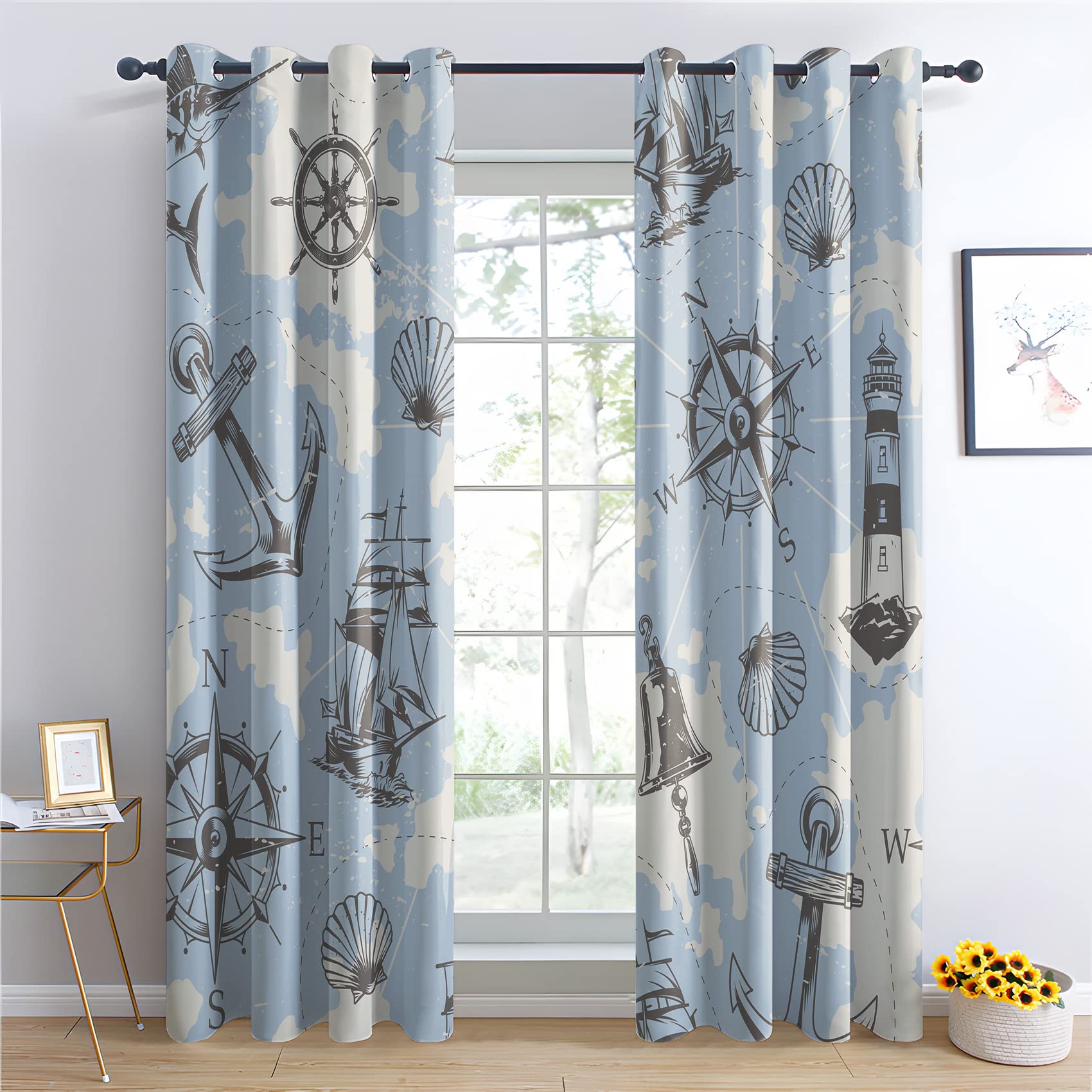Nautical Curtains Map Blackout Curtains 90x90 InchEyelet Curtains for Living Room Bedroom and Kitchen Thermal Grommet Drapes Door Curtain 2 Panels Set
