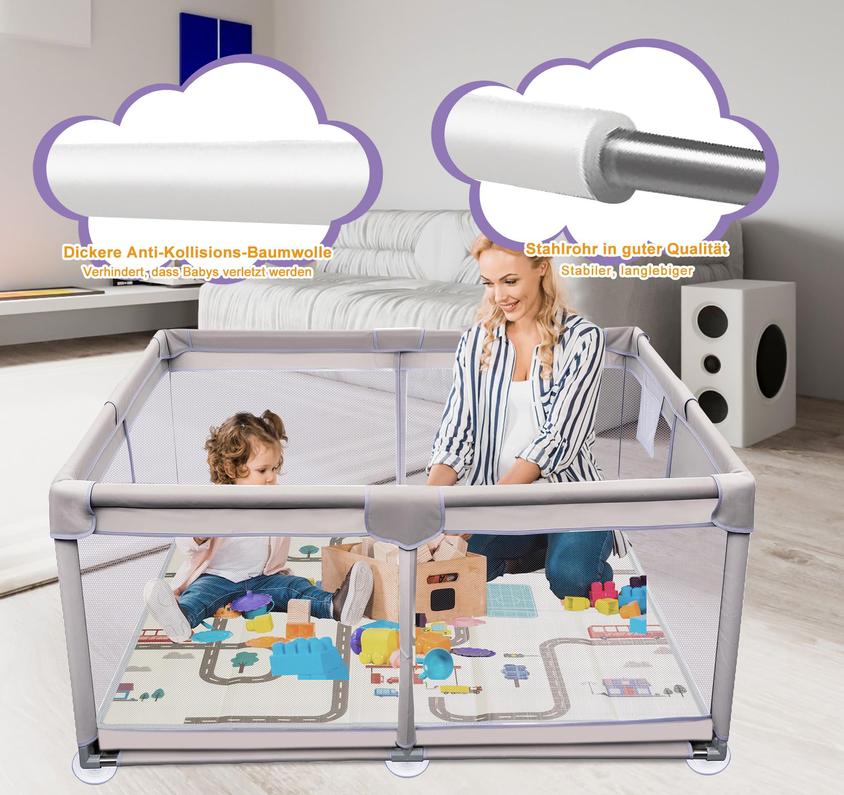 Faltbarer Baby-Laufstall 120x120 cm mit Spielmatte,Anti-Kollision Schaum Absperrgitter mit atmungsaktivem Netz–Der sichere Spielpark für Kind |Perfekter Laufgitter zum Krabbeln, Laufen & Spielen
