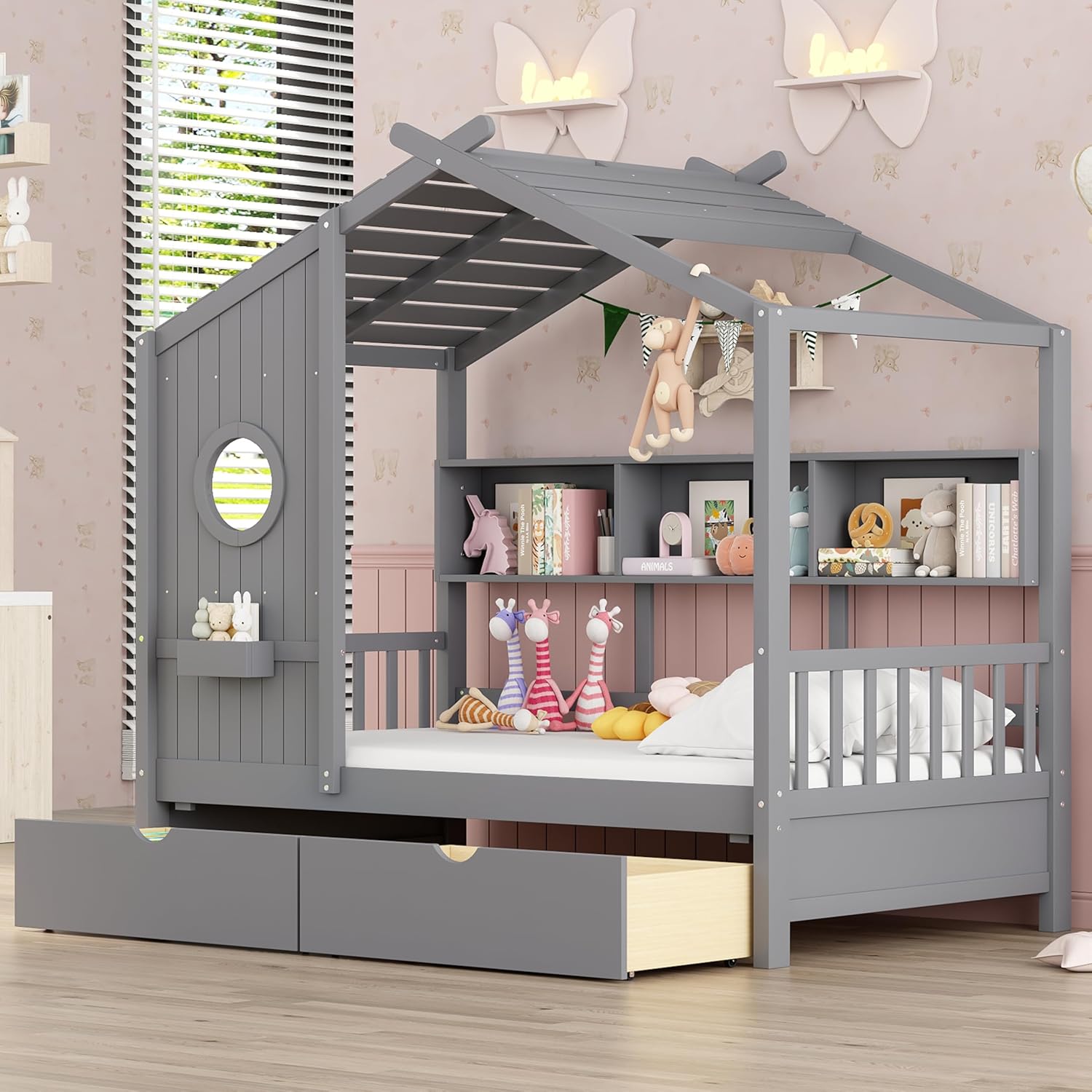 Twin Size House Beds with 2 Drawer and Storage Shelf, Modern Wooden Playhouse Bed for Boy Girl, Low Profile Floor Platform Bed-Frame w/Roof&Window,Grey