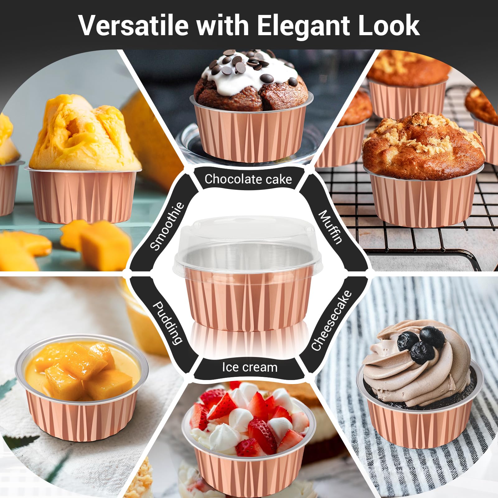 EUSOAR Tazas para magdalenas para hornear, 200 moldes de aluminio de 5 onzas con tapas, recipientes reutilizables de crema brulee, pequeños ramequines de postre, moldes de flan de natillas para boda,
