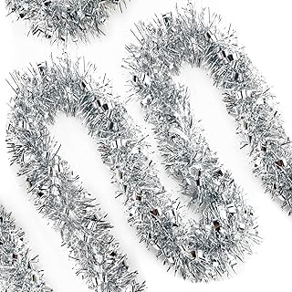 KINGLAKE Christmas Silver Tinsel Garland - 33 Feet Christmas Tinsel Garland Metallic Hanging Xmas Tree Garland for Xmas Tree, Home and Holiday Party Decorations Indoor Outdoor