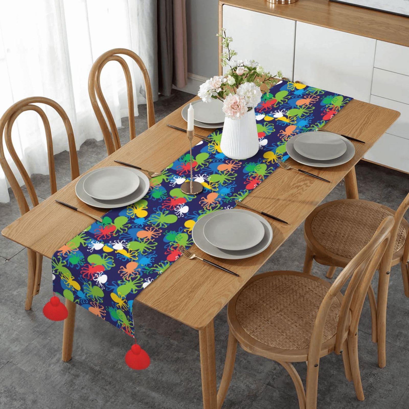 Chemin de table pieuvre coloré 35x152 cm antidérapant à pompons