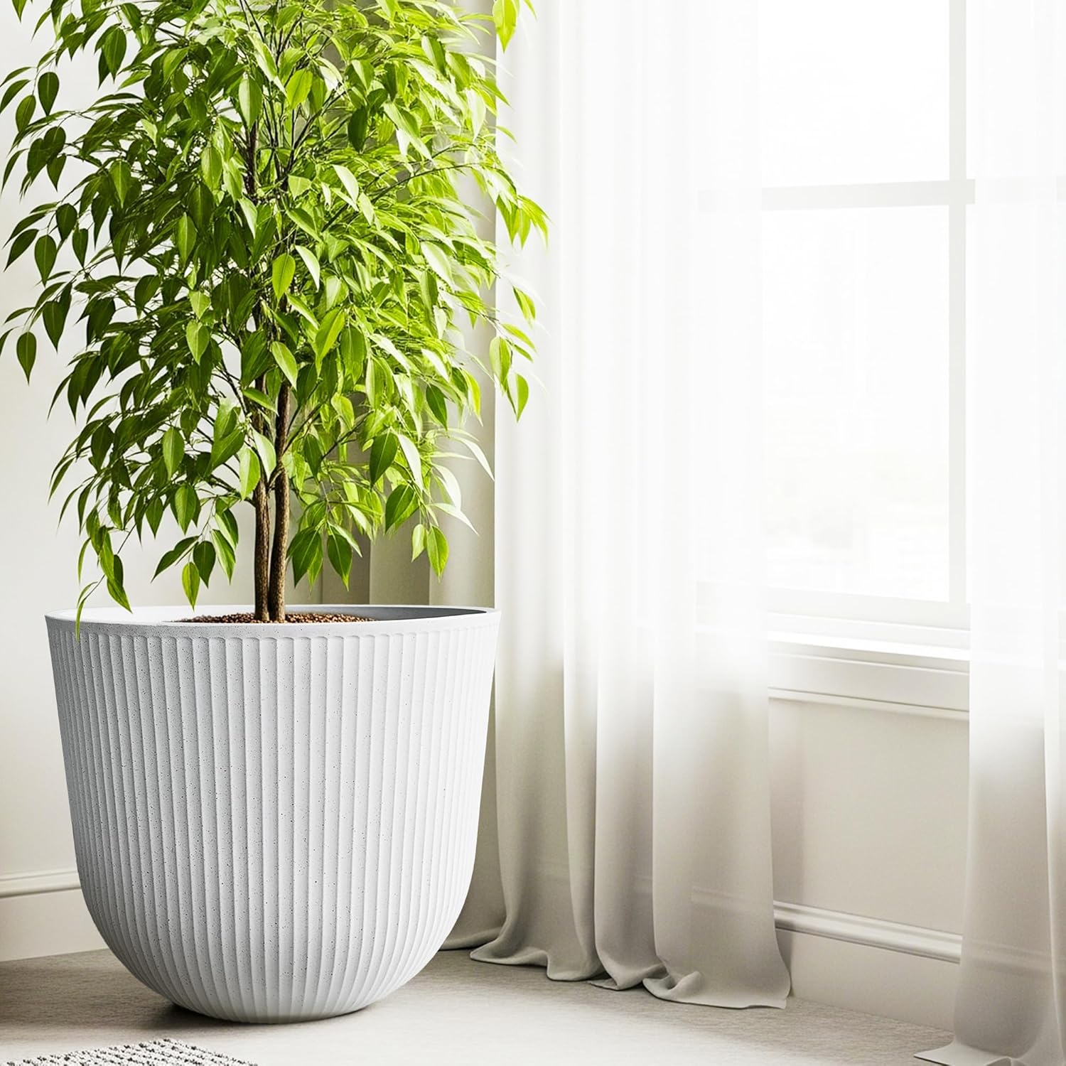 WORTH Garden Round Large Planter Pot 1-Pack - 17.5" Dia x 15.5" H - Durable Plastic White Plant Tree Pots with Vertical Stripe Textured Finish, Drainage Hole for Indoor, Outdoor, Front Porch, Patio