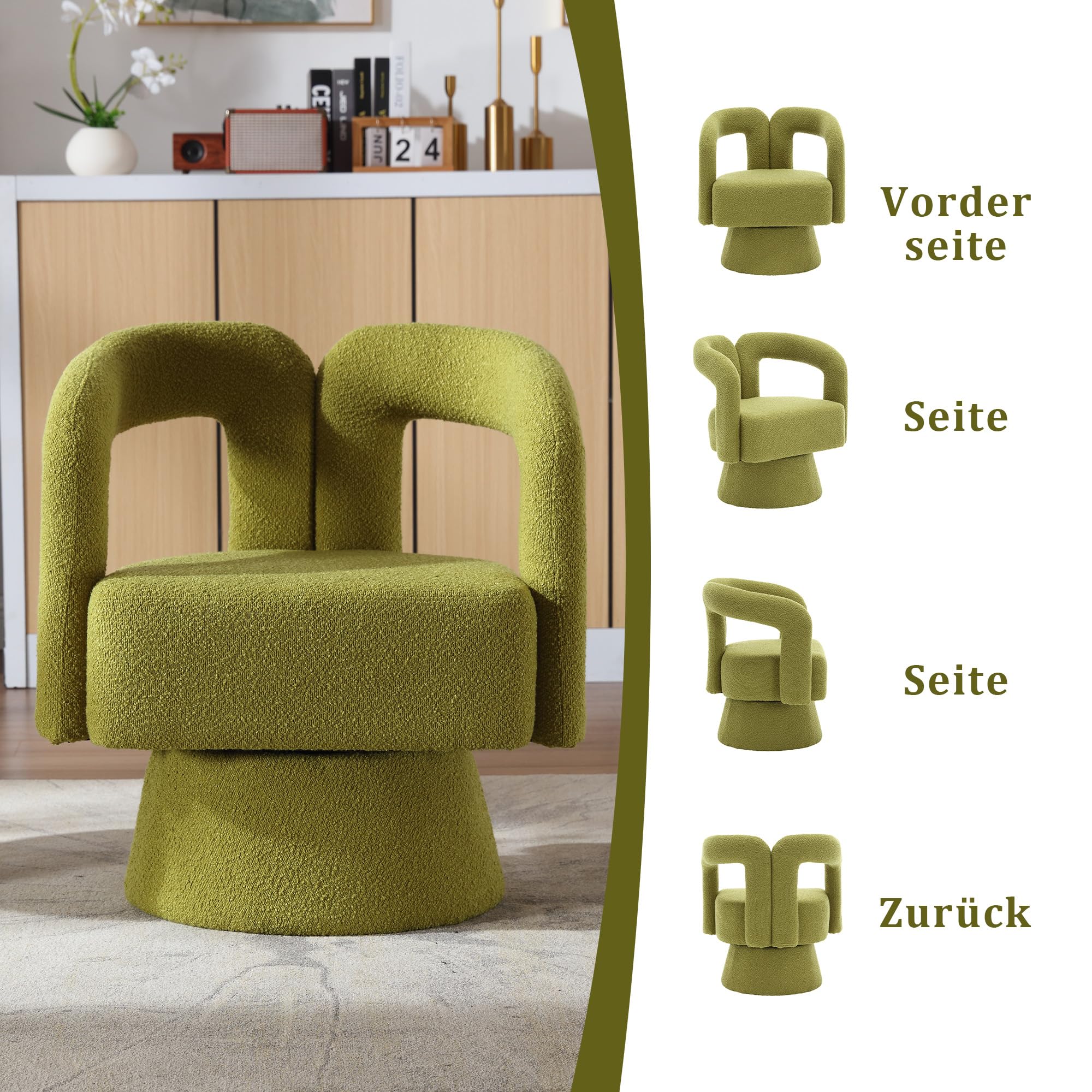 (Old SKU:W1880P163401) 360 Grad drehbare Kuschelfass-Akzentstühle, runde Sessel mit breiter Polsterung, Flauschiger Stoffsessel für Wohnzimmer, Schlafzimmer, Büro, Warteräume, Oliv