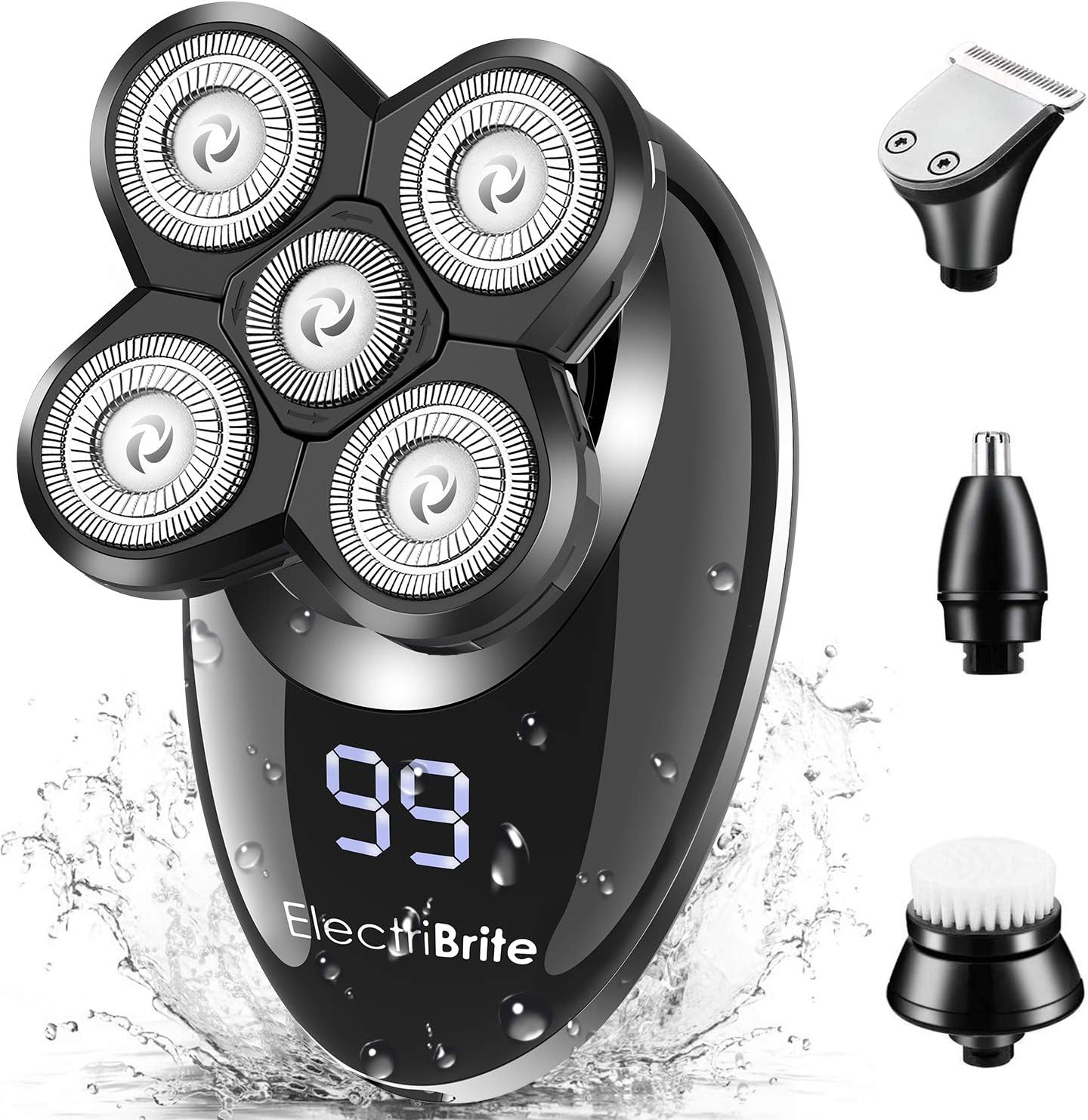 Electric Razor for Men, ElectriBrite Bald Head Shaver Rotary Cordless Nose Hair Beard Trimmer Clippers Facial Cleansing Brush Waterproof USB Rechargeable Men Grooming Kit with 5D Floating (Silver)
