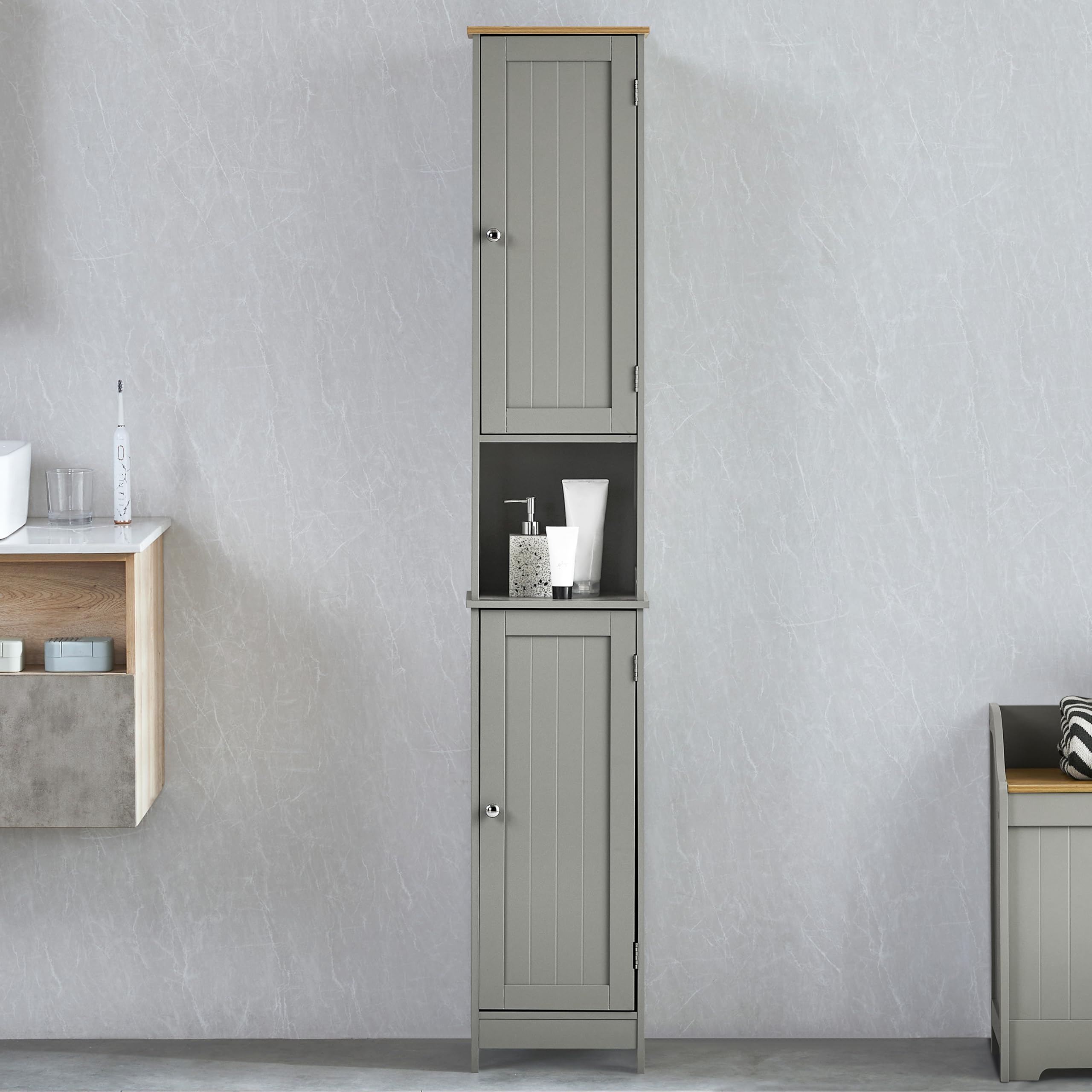 Bath Vida Priano Armoire de Salle de Bain Armoire de Rangement sur Pied en Bois Gris