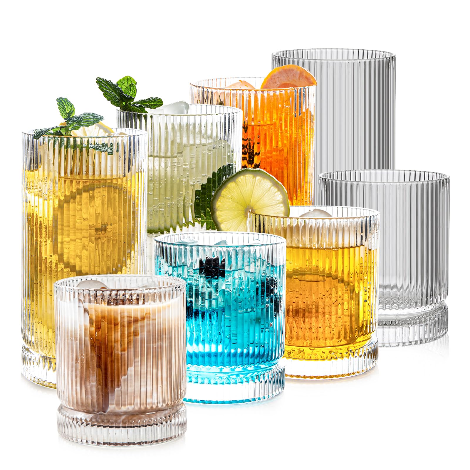Ribbed Glassware Set of 8, 2 Highball Glasses & 2 Rocks Glasses, 16oz & 13oz