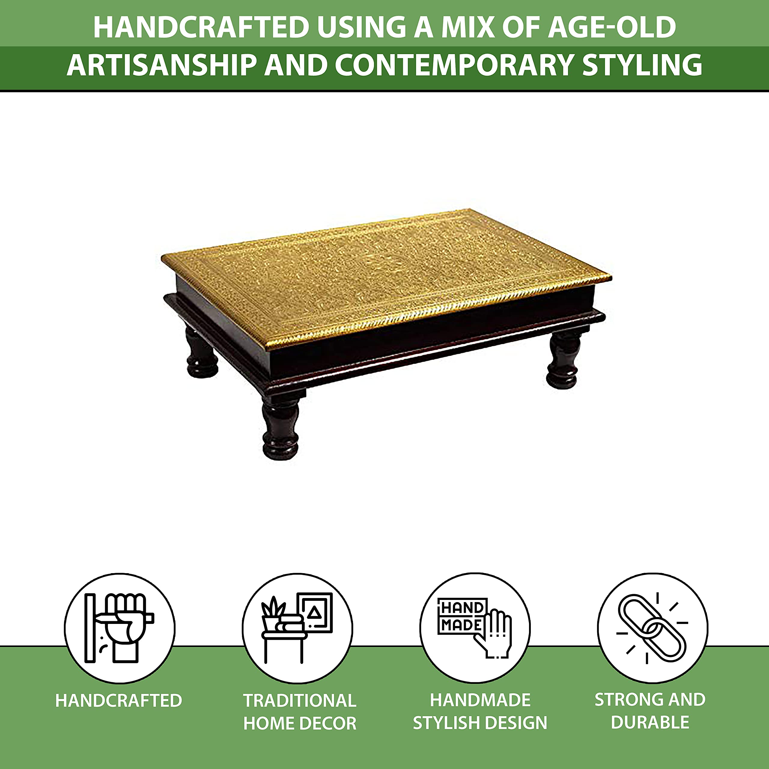 Mansi Enterprises Wood & Brass Chowki | Brass Work Pooja Bajot Stool | Home Decor Sitting Table (Goldcolor_18 x 12 x 6 Inches) 2