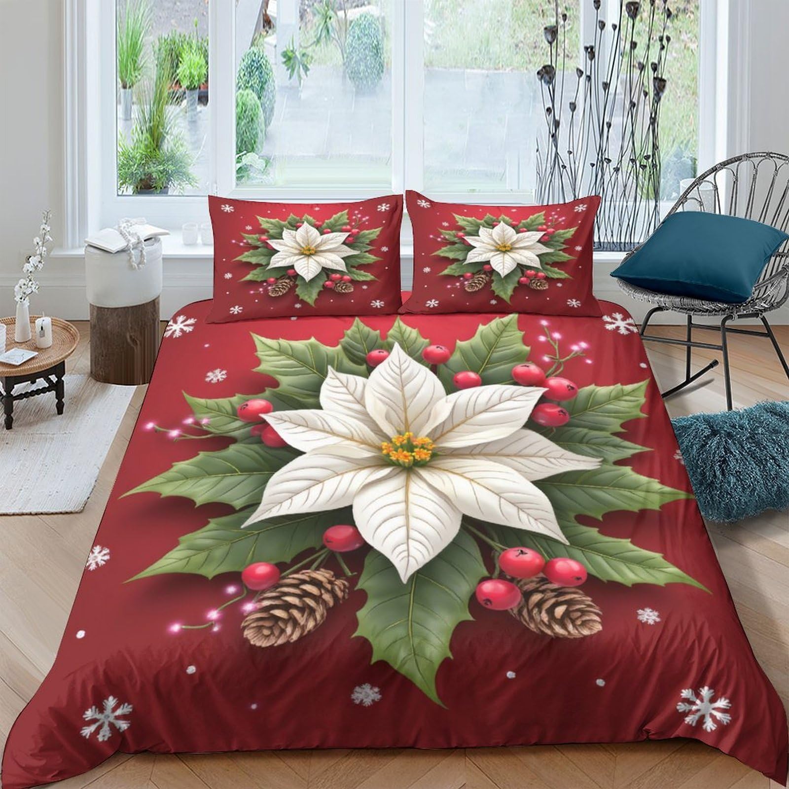 Ctjqhvkz Style-8 3D Printed Christmas Poinsettia Fitted Sheet Microfiber Red Holiday Pinecone Bed Cover For Bedroom Guest Room Decor Single（135X200cm）