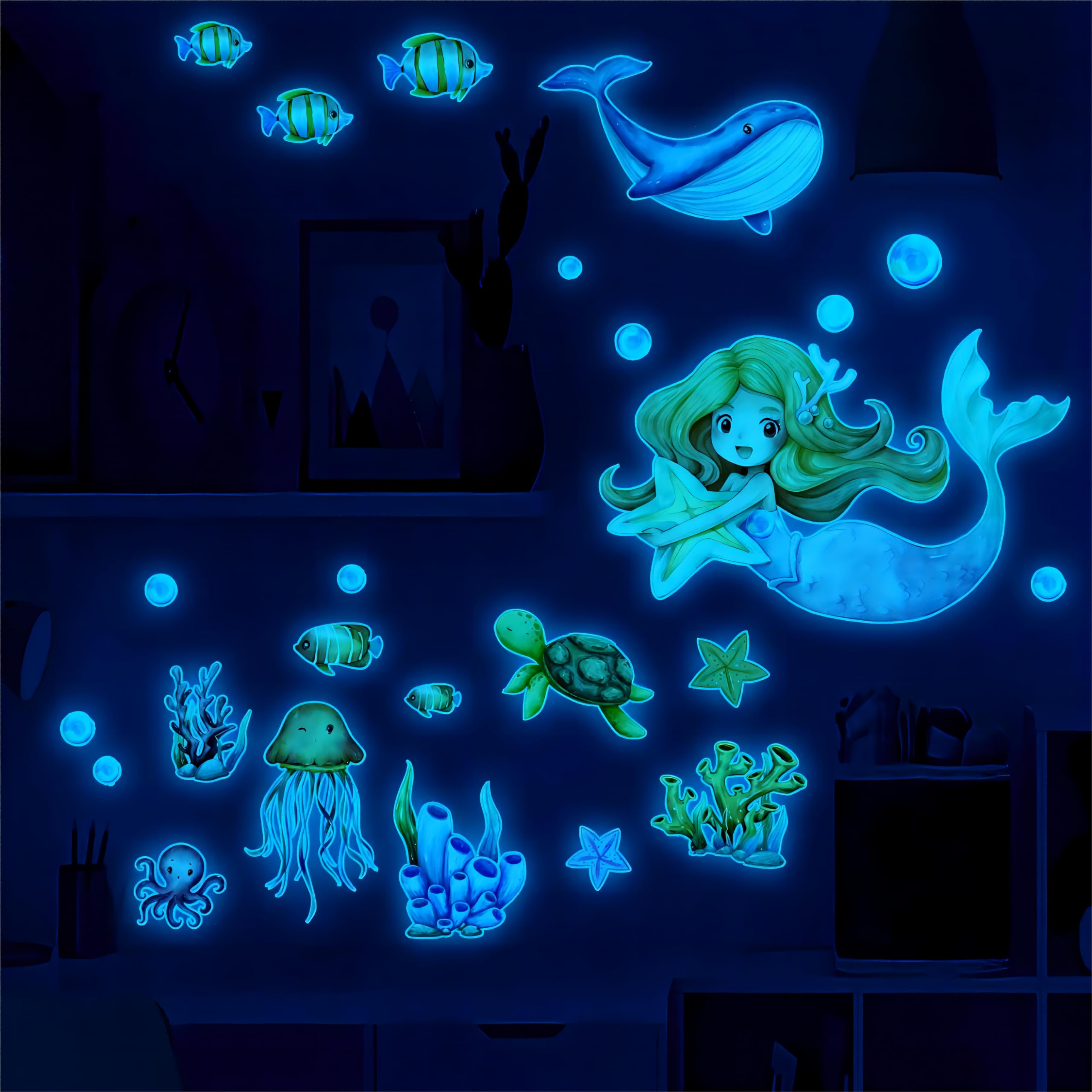 Meerjungfrau Wandtattoo Kinderzimmer Leuchtend, Meerestiere Wandtattoo Leuchtend, Fluoreszierend Wandaufkleber Meereswelt Wale Leuchtaufkleber Enfant et Fille Bleu