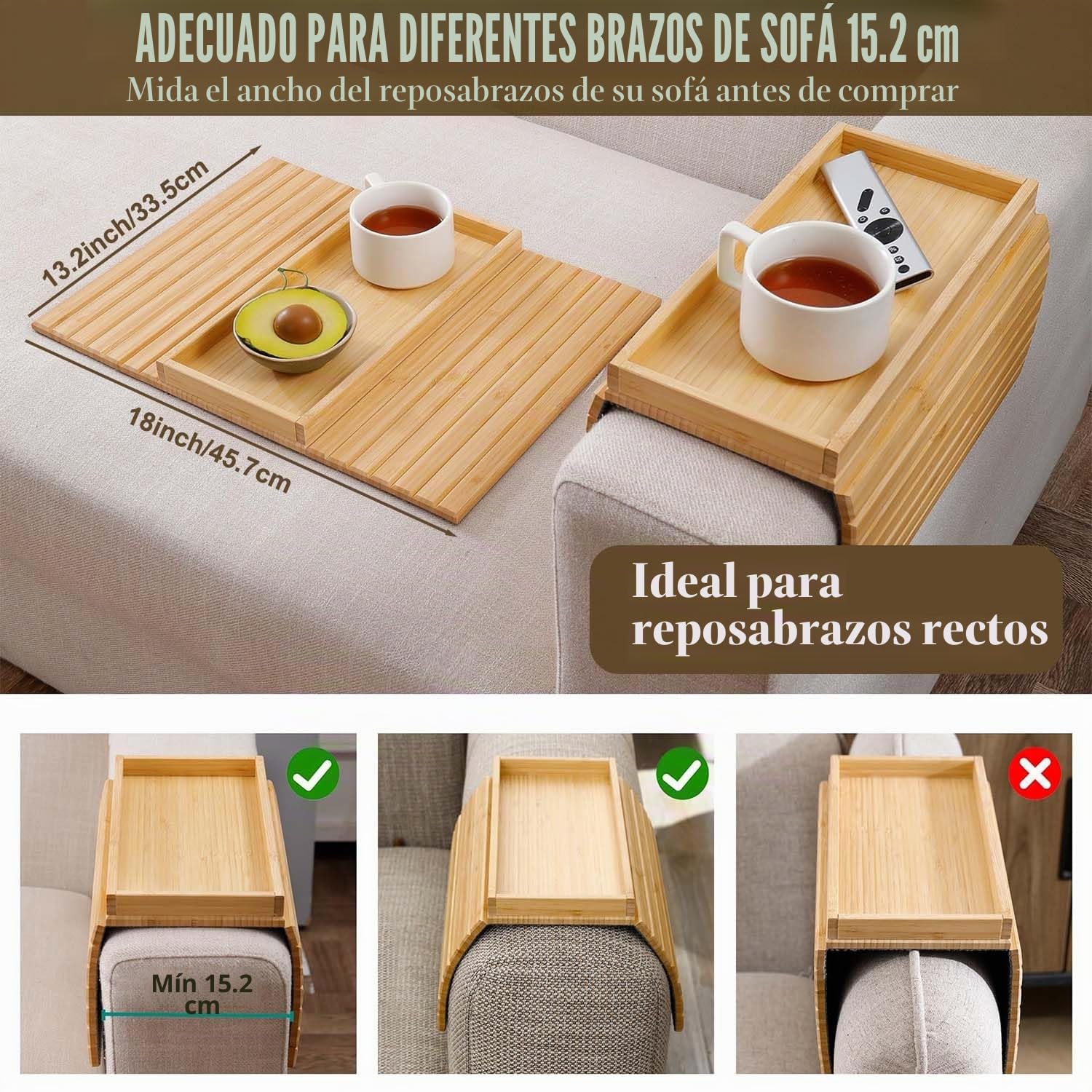 Bandeja para sofá, bandeja plegable de bambú, antideslizante, reposabrazos, mesa para aperitivos, tazas de teléfono móvil