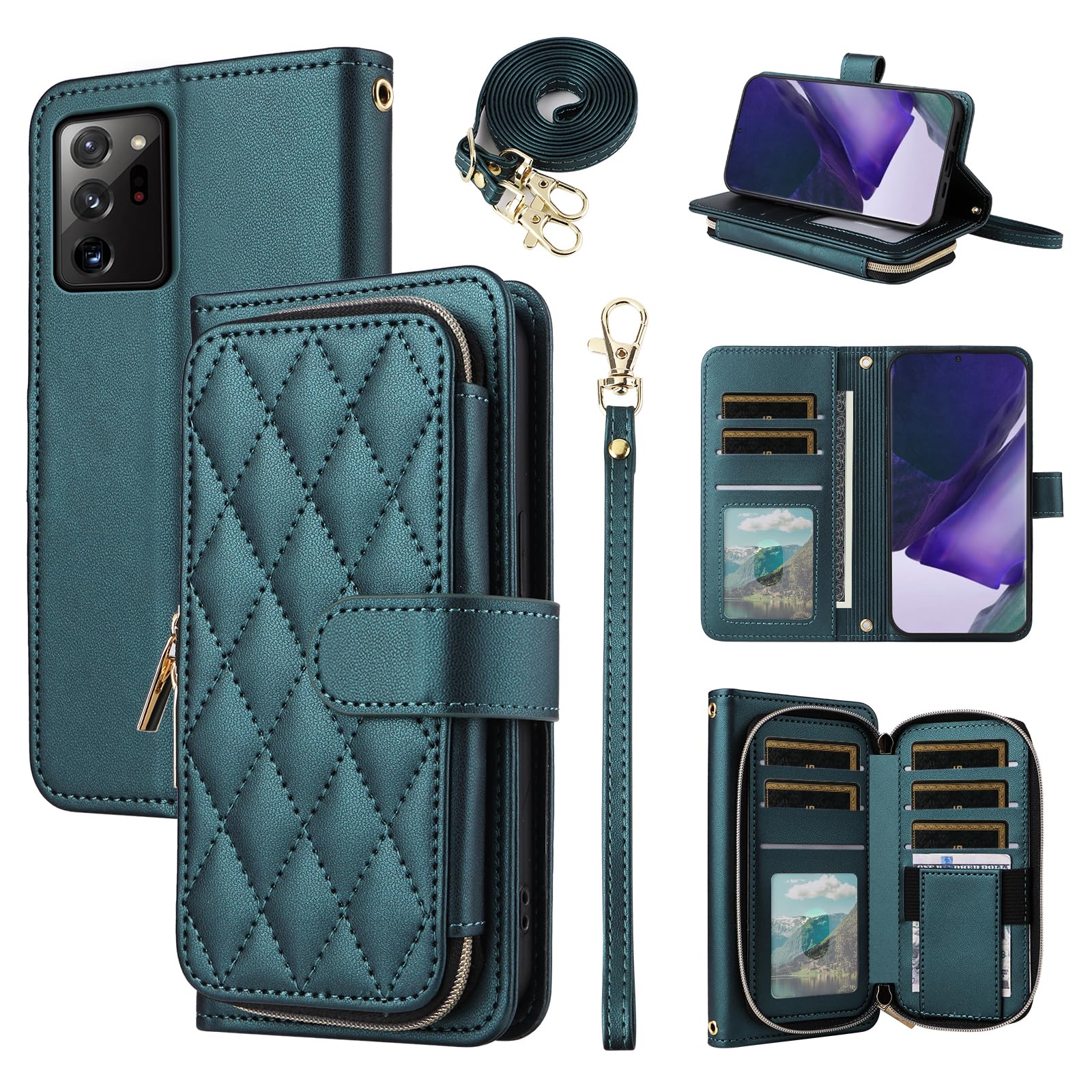 Furiet Wallet Case for Samsung Galaxy Note 20 Ultra 5G with Wrist Strap, 9+ Card Slots Zipper Purse, PU Leather Stand Phone Cover for Note20 Plus