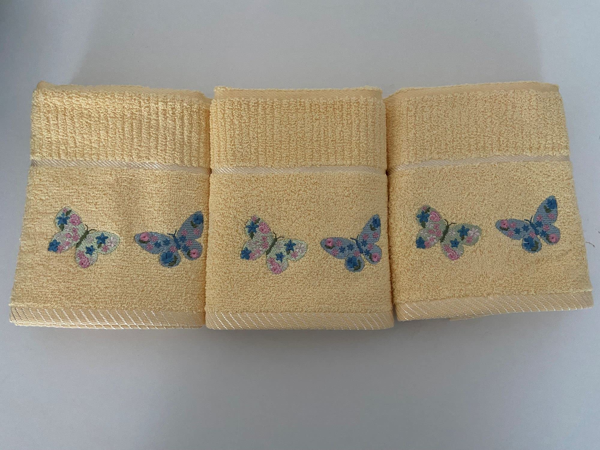 Riggs 100% Cotton Two Butterflies Design Kitchen Hand Tea Towels in Lemon 3 Pack, Cream