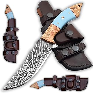 SavageTr Damascus Knives Custom Handmade Hunting Knife- Best Damascus Steel Blade Skinning Knife- Fixed Blade Hunting Knife With Sheath Belt Loop - SHOKUNIN USA