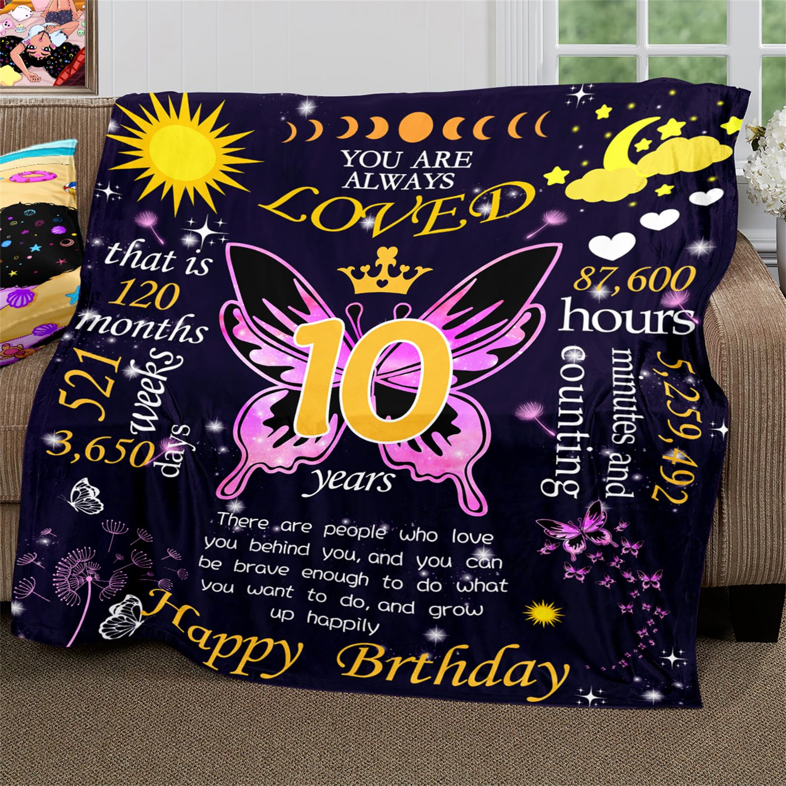 Butterfly Blanket for Girls - 10 Year Old Birthday Gift, Soft Flannel Throw for Couch, Birthday Decorations, Kids Gift, 80