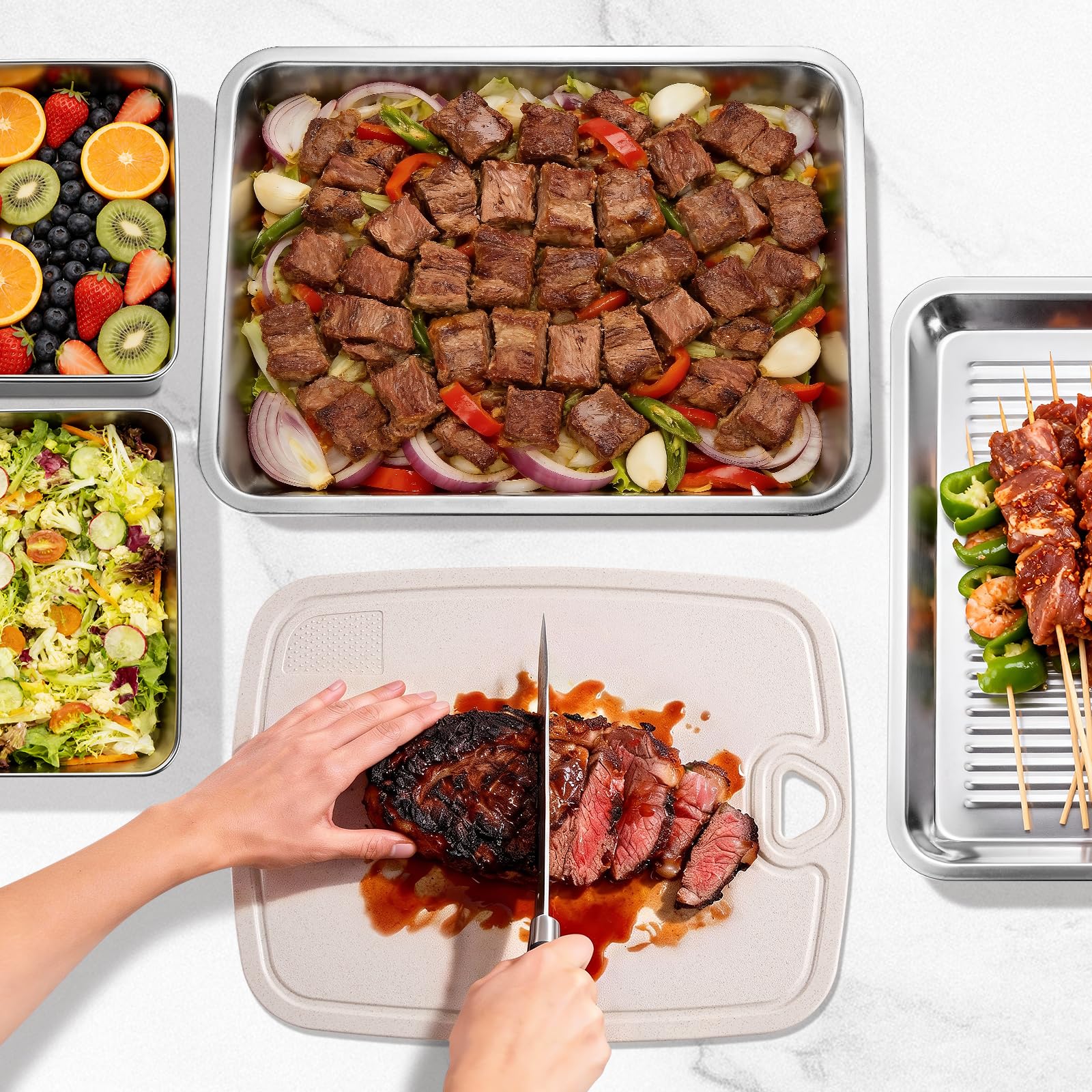 5 in 1 Grill Tragesystem, Drip EZ BBQ und Meal Prep Tub, Fleischplatte zum Servieren, Grill Prep Tray mit Schneidebrett für Outdoor Grill, Marinierbehälter mit Deckel, Edelstahl