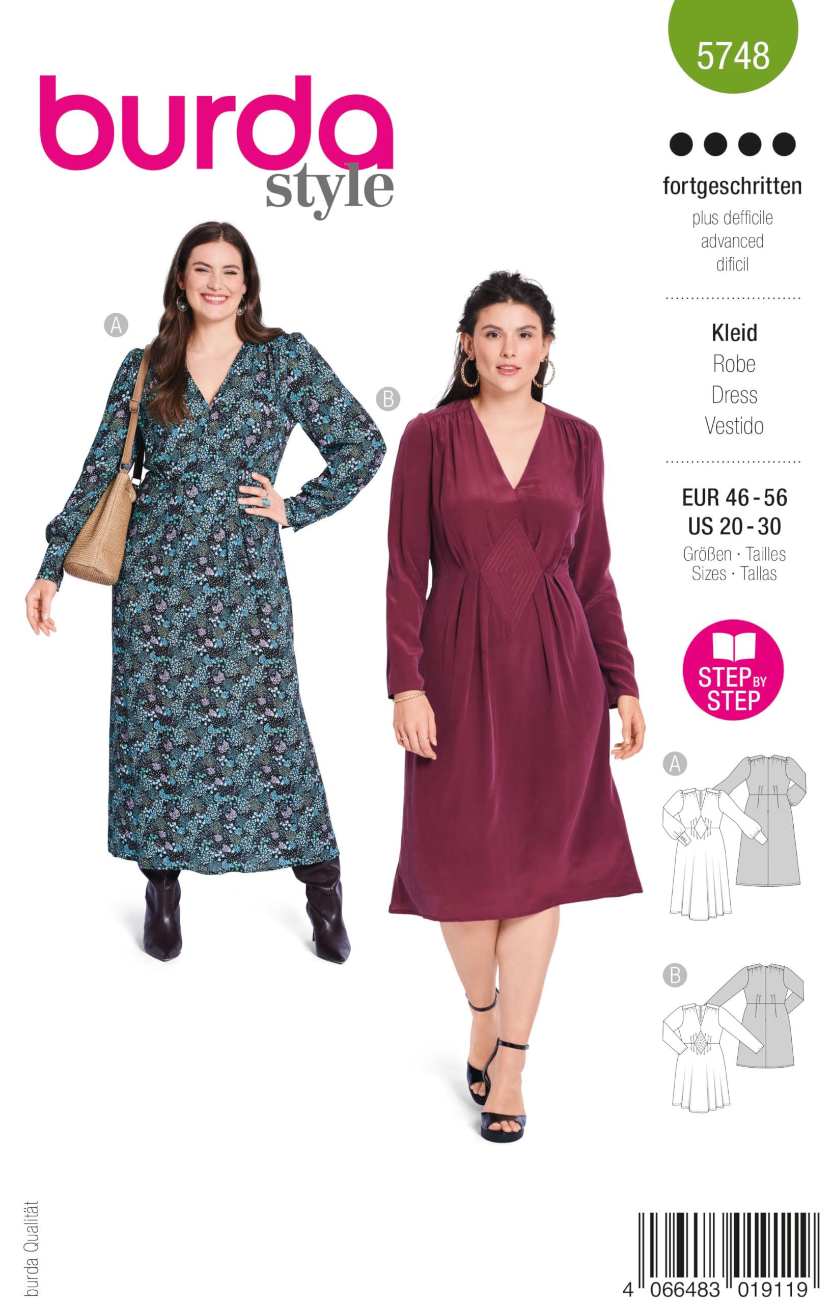 burda style Schnittmuster Damen #5748 Midi Kleider mit Einsatz und aufspringenden Falten Gr. 46-56