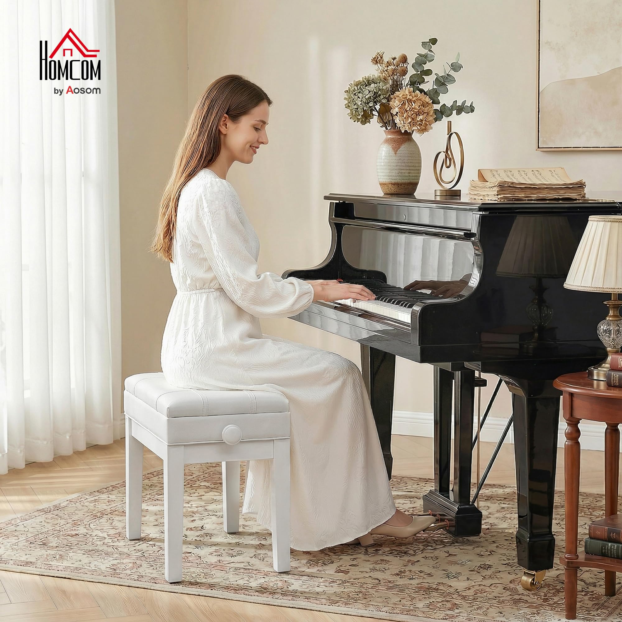 HOMCOM Panca da pianoforte, Panca da tastiera regolabile in altezza in legno massello, sgabello pianoforte con scomparto nascosto, seduta imbottita in poliuretano, stabile e antiscivolo, carico 150 kg