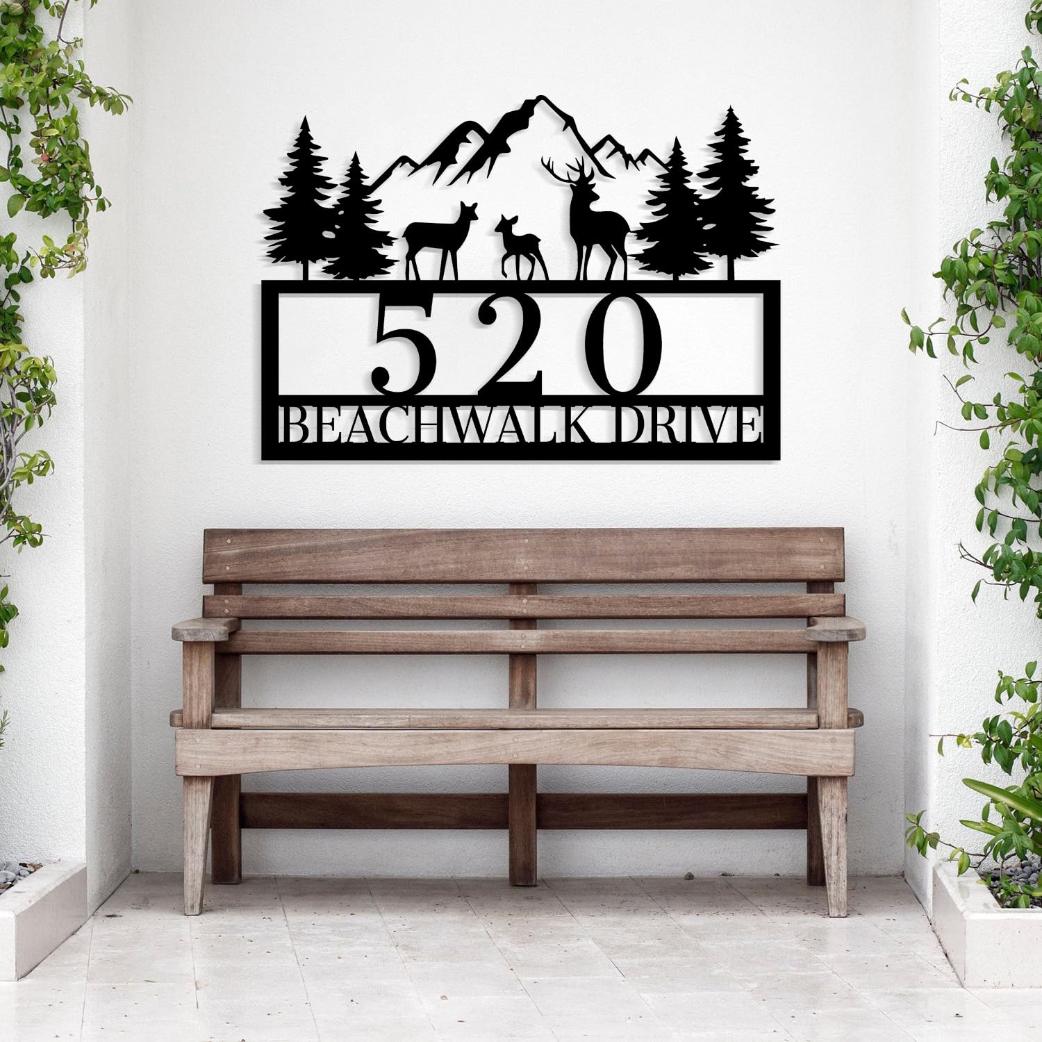 MeigoArt Personalized Tree House Number, Custom Metal Address Sign, Pine Forest Home Number, Lake Home Sign (Style-2, Metal, Nature-Themed, Outdoor, Home-Address, Wall Mount, 24 x 24 inches, 1 Count)