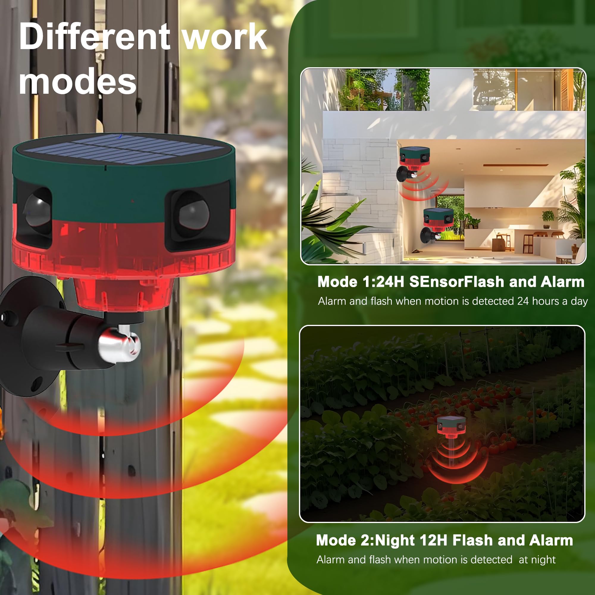 Alarma con Sensor de Movimiento Solar para Exteriores: Sonido de ladridos de Perros y Disparos, Sirena Fuerte de 129 db, admite grabación, 13 Tipos de Sonido (911S Red 2PCS)
