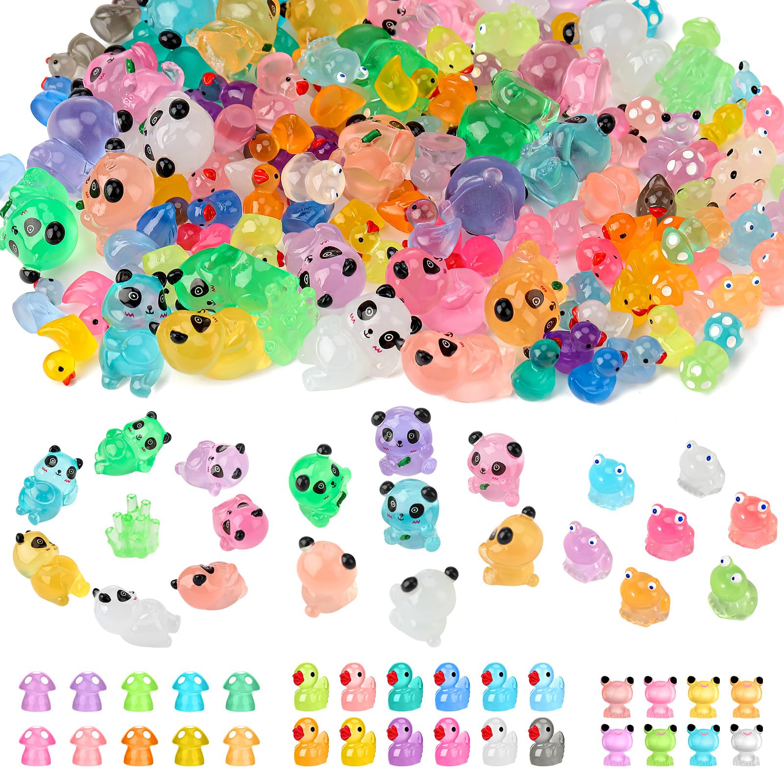 GSrenyu 126 Pcs Mini Resin Animals, Luminous Resin Ducks, Frogs, Dogs, Pandas, Mushrooms
