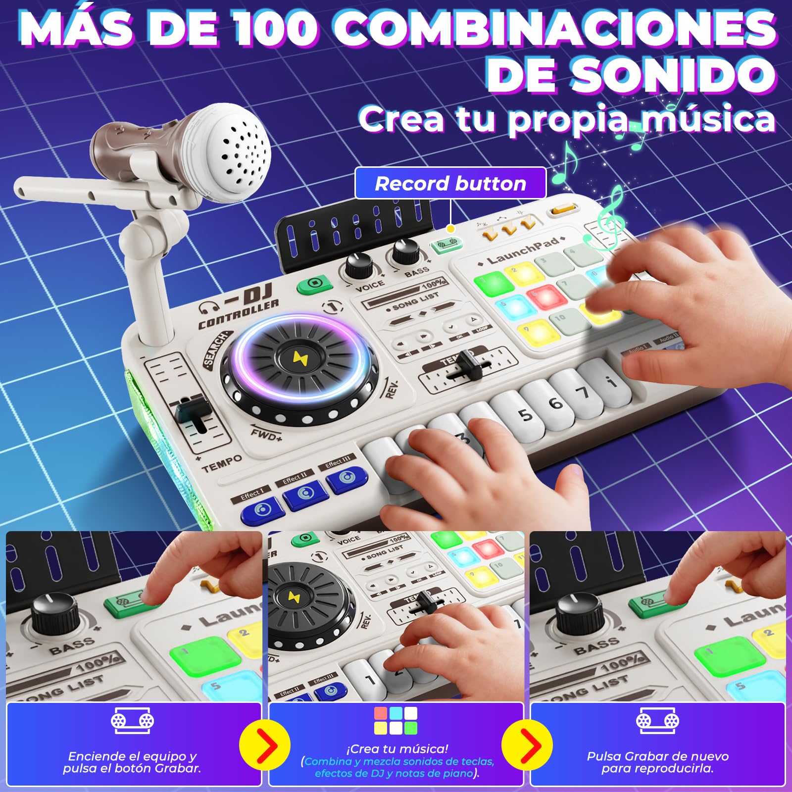 Mesa de mezclas DJ para niños de 3 a 12 años con micrófono DJ Mixer, controlador de mezclas DJ con 100+ efectos de sonido, juguete musical con recargable, regalo ideal para niñas y niños principiantes