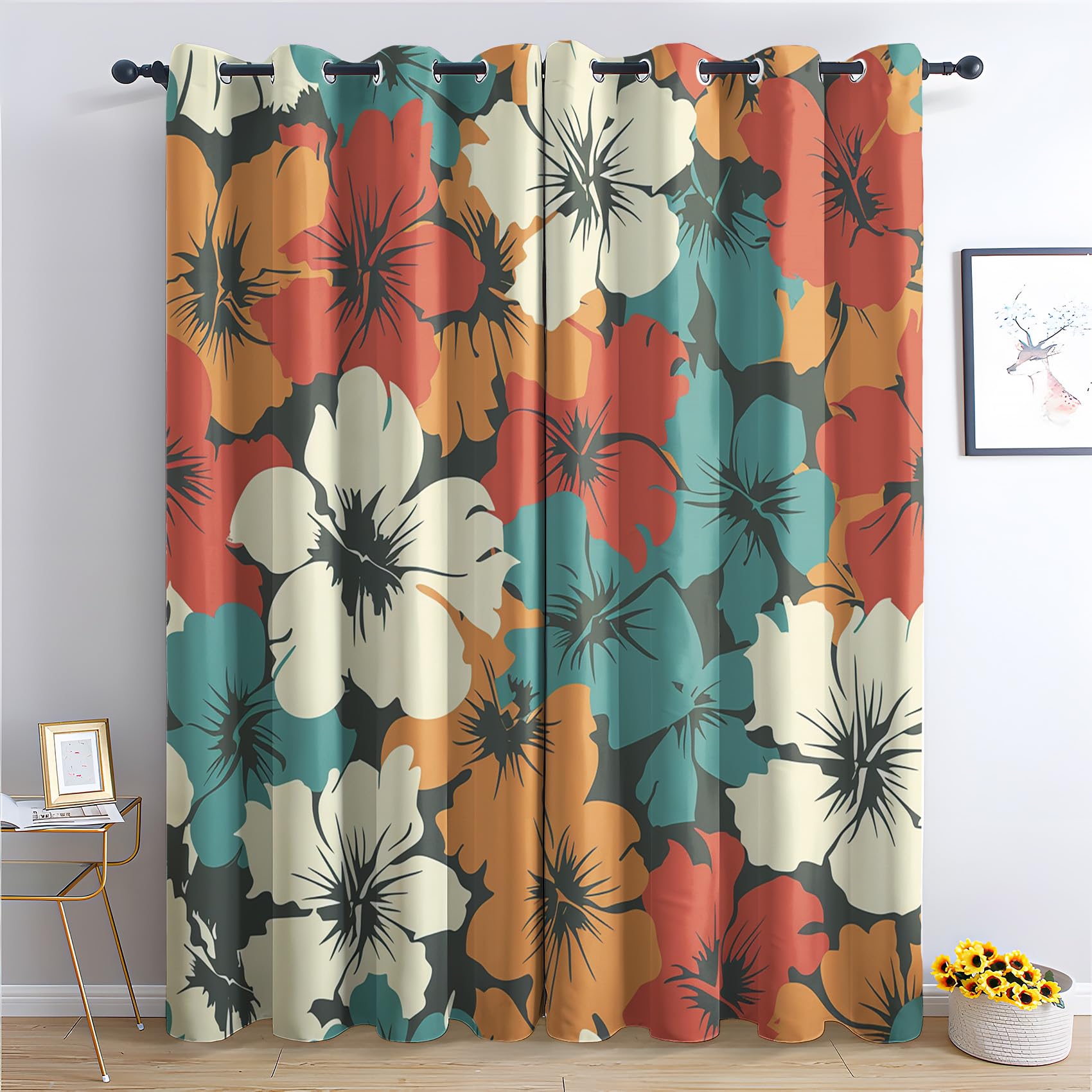 Zcwl Multicoloured Floral Teal Orange Curtains For Bedroom Living Room, Boho Patterned Blackout Curtains, Thermal Insulated Eyelet Curtain, 90 Drop Window Treatments Drapes, 66X90 Inch (W X L), 2 Panels