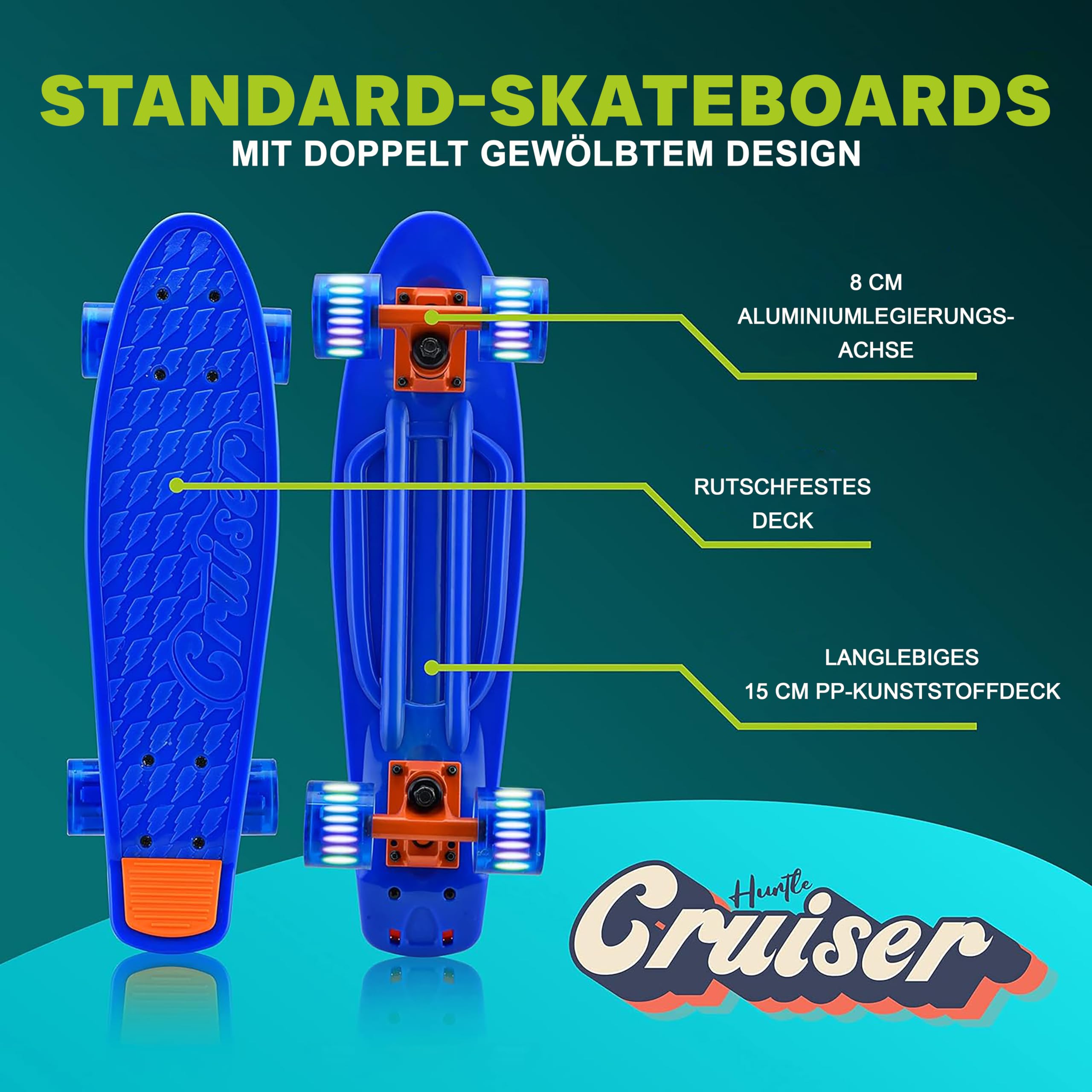 Hurtle Skateboard Kinder ab 6 Jahre, Mini Skateboard mit LED Leuchtrollen, 55cm Pennyboard mit Anti- Rutsch Deck für Mädchen & Junge, Cruiser LED, Kaykay- für Anfänger & Fortgeschrittene, Max100kg