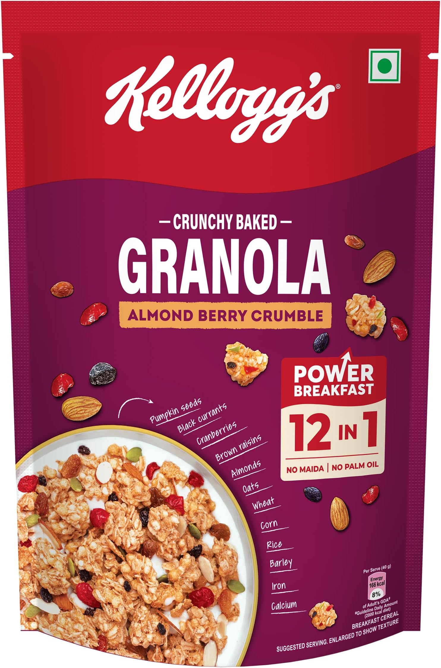 Kelloggโs Crunchy Almond Berry Crumble Granola 450g | 12-In-1 Power Breakfast | No Maida, No Palm Oil | Source of Protein & Fibre | Baked Multigrain Clusters