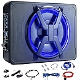 1000W Under Seat Car Subwoofer 10-Inch, Slim Powered Bass Tube w/Built-in Amplifier & Hi/Lo Input, 2025 Upgraded Deep Bass for Truck SUV Sedan | Blue LED Light | Quick Connect Wiring