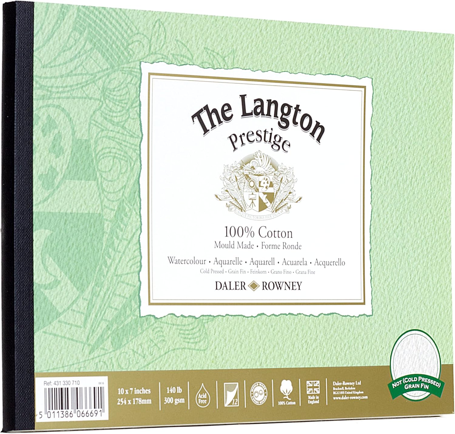 Daler-Rowney The Langton Prestige Cold-Pressed Watercolour 300gsm 10 x 7in Natural White Paper Pad, Glued 1 Side, Acid-Free, 12 Sheets, Ideal for Professional Artists