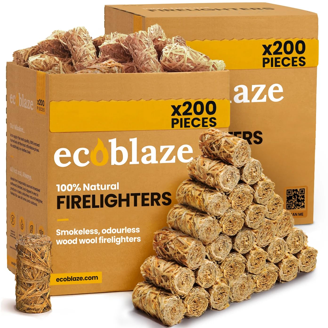 400 Ecoblaze Natural Firelighters | 2 x 200 Box | Long Burning, Fast Lighting, Odourless wood Wool Starters | Kindling Wood, BBQ Lighter Kit, Firestarter for Pizza Ovens, Log & Wood Burners, Fire Pits