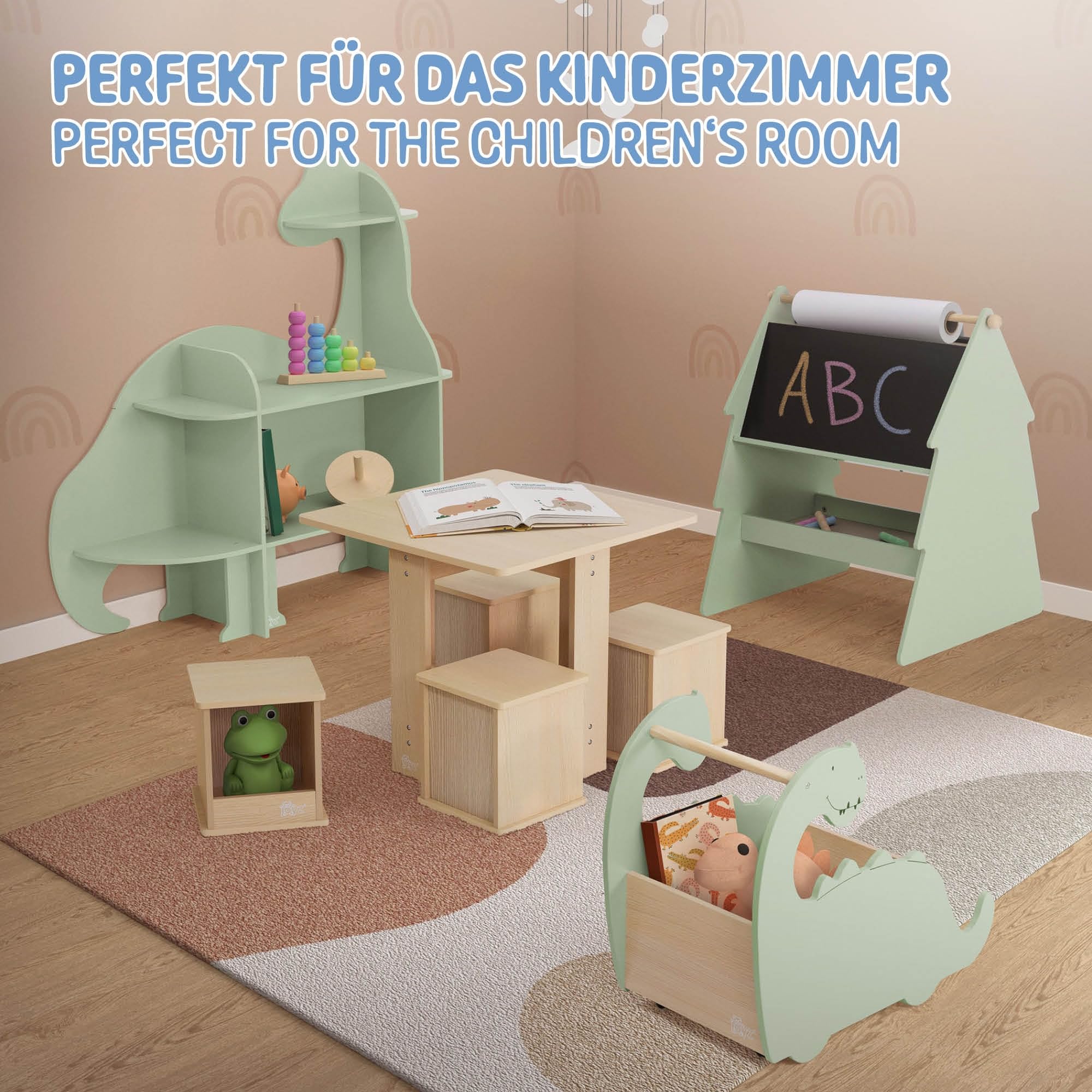 Joyz Étagère pour Enfants 3 Niveaux, Dinosaure, Étagère à Jouets en Bois avec Compartiments Ouverts, 110x31x110 cm, Étagère Murale à Livres, Meuble de Rangement pour Chambre d'enfant