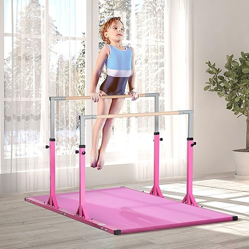 Miniatura 2 de Qaba Barras horizontales dobles, barras desiguales juveniles para gimnasia para el hogar con alturas ajustables de 13 niveles de 36 a 59 pulgadas,