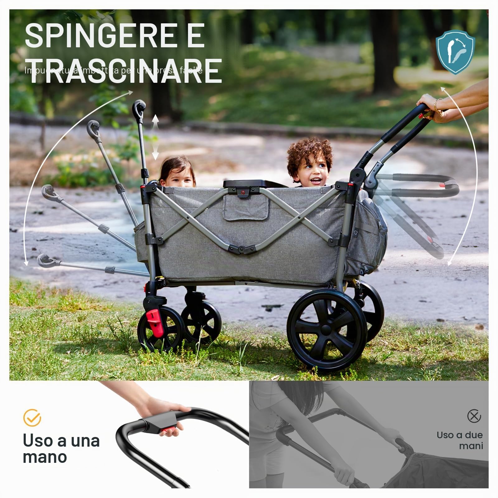 EVER ADVANCED Passeggino pieghevole per bambini con tetto, cintura di sicurezza 2x5 punti, carrello di trasporto con zaino, freno a pedale, capacità 50KG