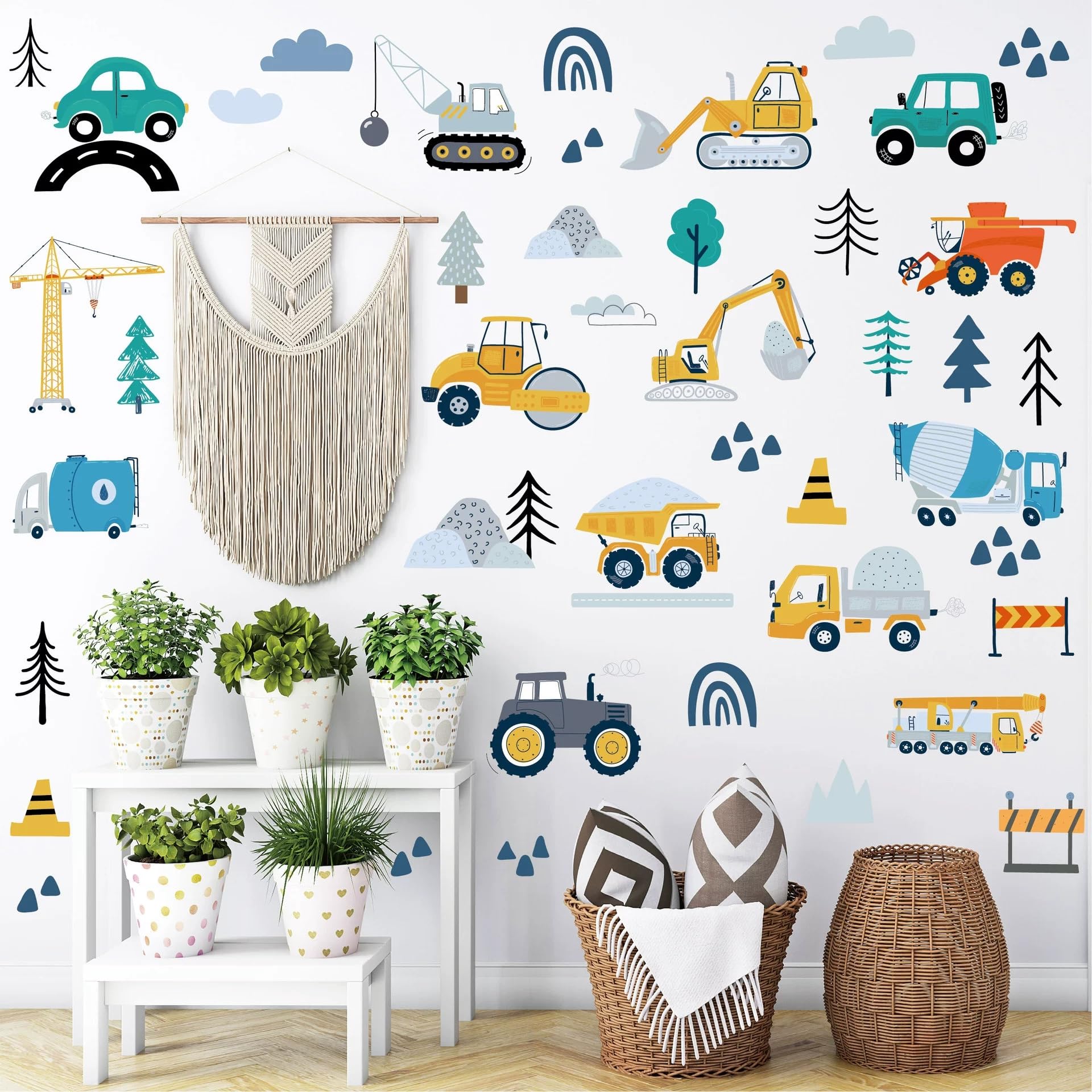 90PCS Transportation Car Wall Stickers,Construction Vehicles Digger Wall Decals for Living Room Kids Boys Bedroom Nursery Home Decor,Art murals Wallpaper Peel and Stick Removable Decoration