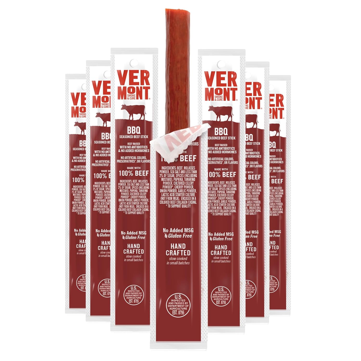 Vermont Smoke & Cure BBQ Seasoned Beef Sticks - Gluten Free High Protein Snacks, 1oz 24 Pack Portable Jerky