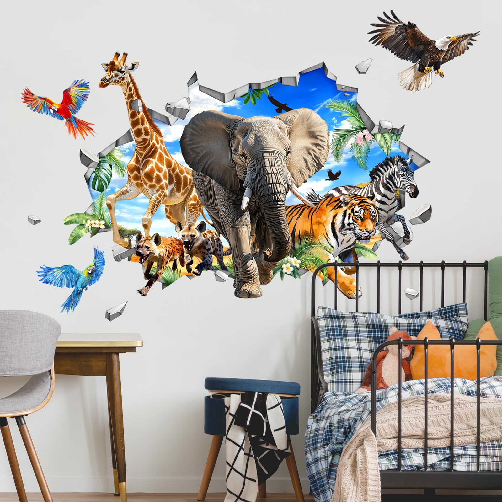 Supzone 3D Safari Animals Wall Stickers Jungle Elphant Giraffe Tiger Leopard Zebra Wall Decals Boy Baby Nursery Kids Bedroom Playroom Decor - Image 3