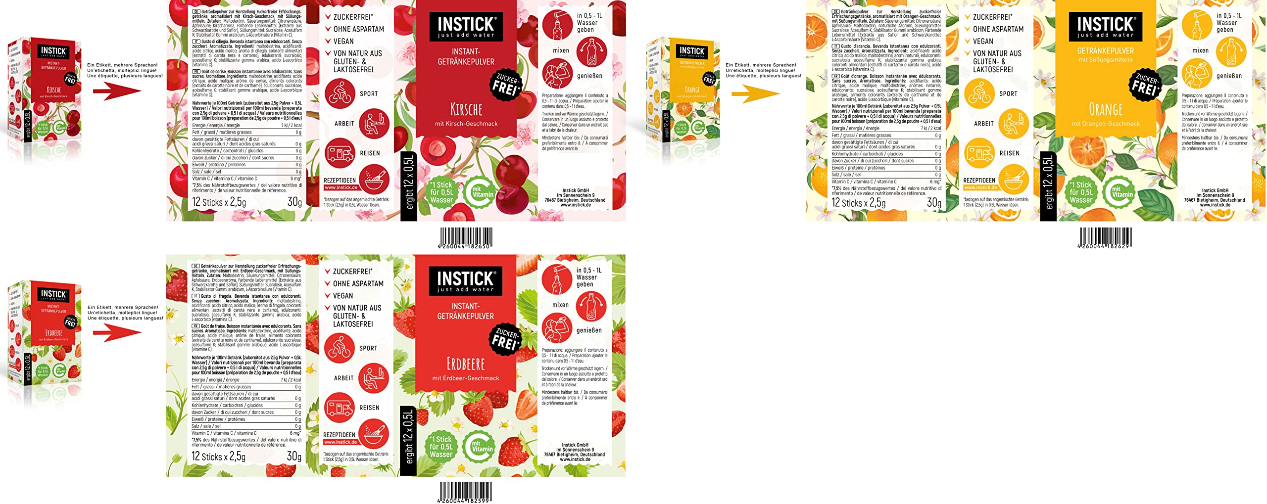 INSTICK Bebida instantánea sin azúcar mezcla de frutas 5x12 Sticks con vitamina C