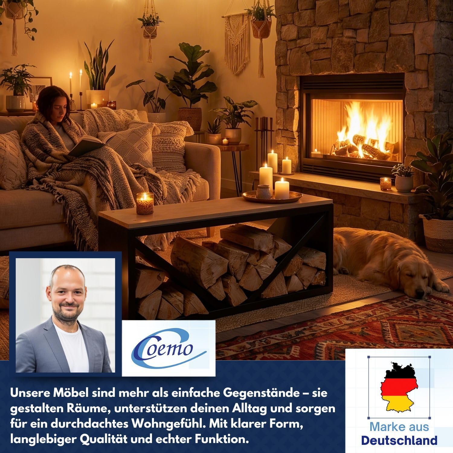 Coemo Kaminholzregal mit Sitzfläche Rudi Schwarz - Modernes Brennholzregal aus Metall & Holz, Kaminholzhalter Schwarz, Holzlager Regal Indoor, Sitzbank Kamin, Feuerholz Aufbewahrung, Kaminzubehör