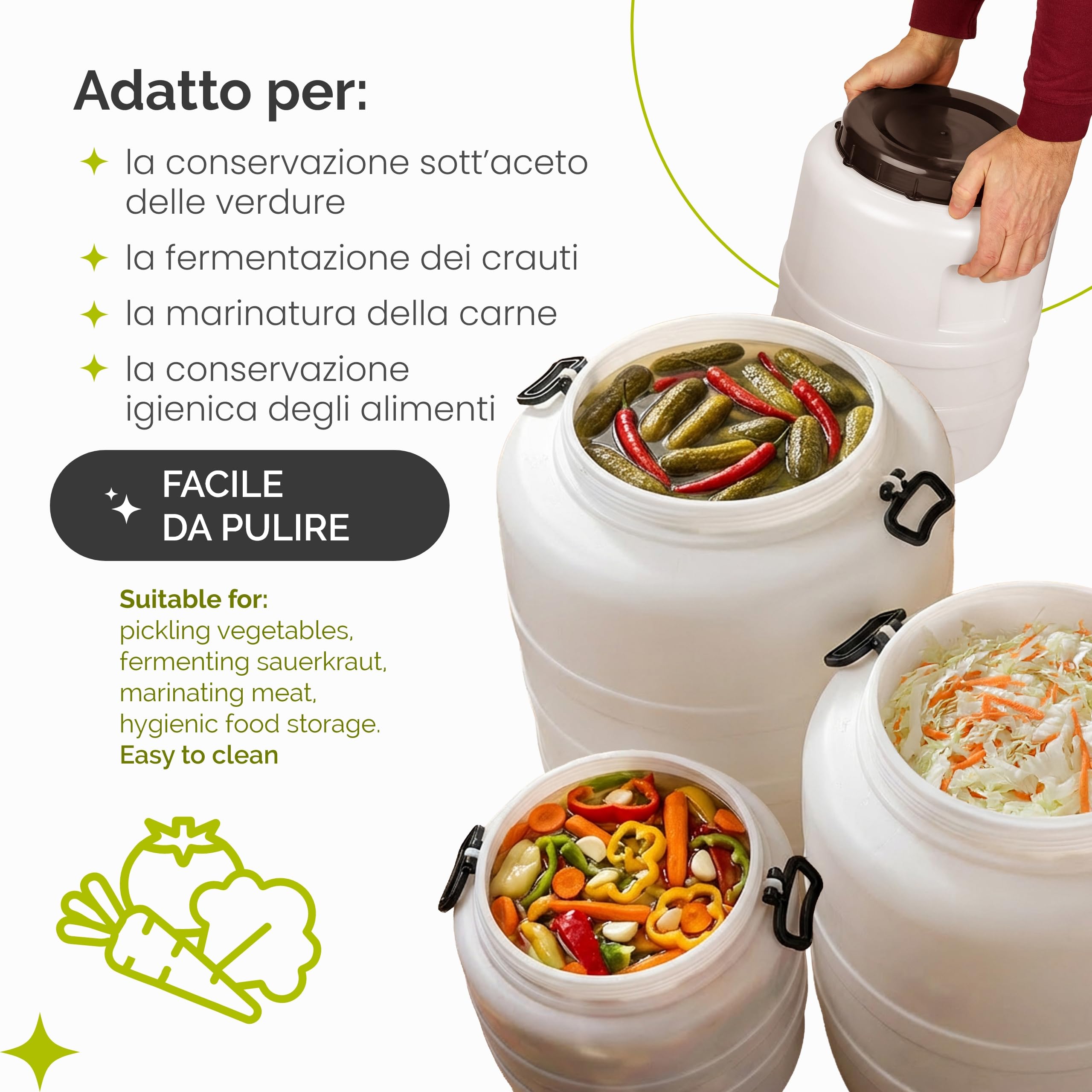 Garronda 120 L e rubinetto e pressa Fusto Bidone Plastica Mastello in HDPE come Contenitore e Serbatoio Acqua e Alimenti per Stoccaggio, Fermentazione e Raccolta Acqua Piovana GD-0187 Bianco