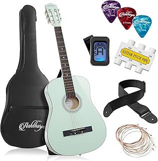 Ashthorpe Paquete de guitarra acústica para principiantes de 38 pulgadas (verde menta), kit básico de inicio con bolsa de concierto, cuerdas, correa, afinador, púas