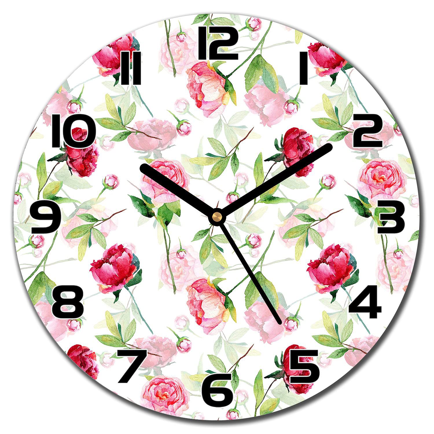 Horloge en verre 30 cm Coloray avec aiguilles noires et motif de fleurs