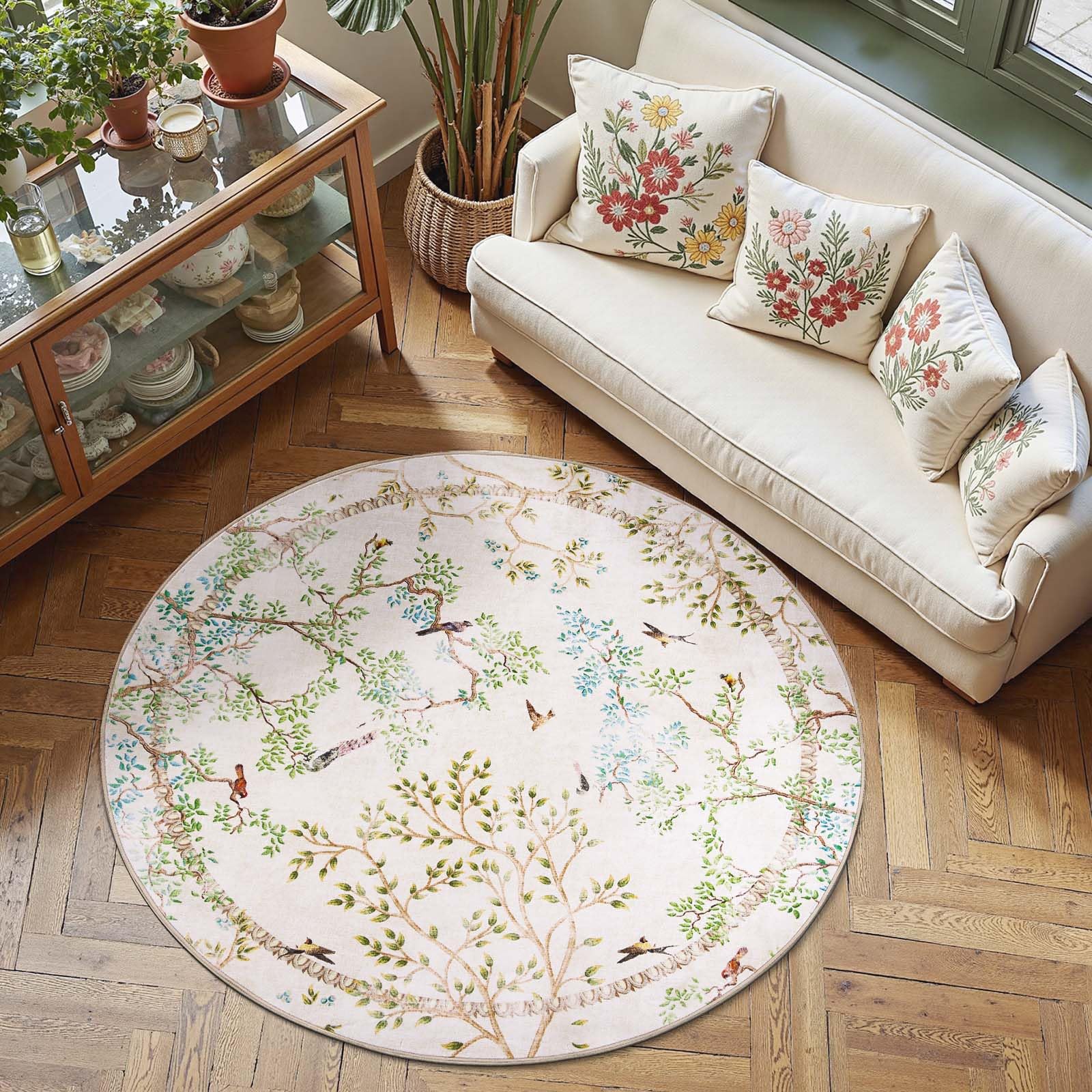 jinchan Yarden Round Rugs 6ft Ivory Botanical Birds Print Machine Washable 6' Circle Nature Plants Modern Soft Non Slip Kids Throw Area Rugs Ultra