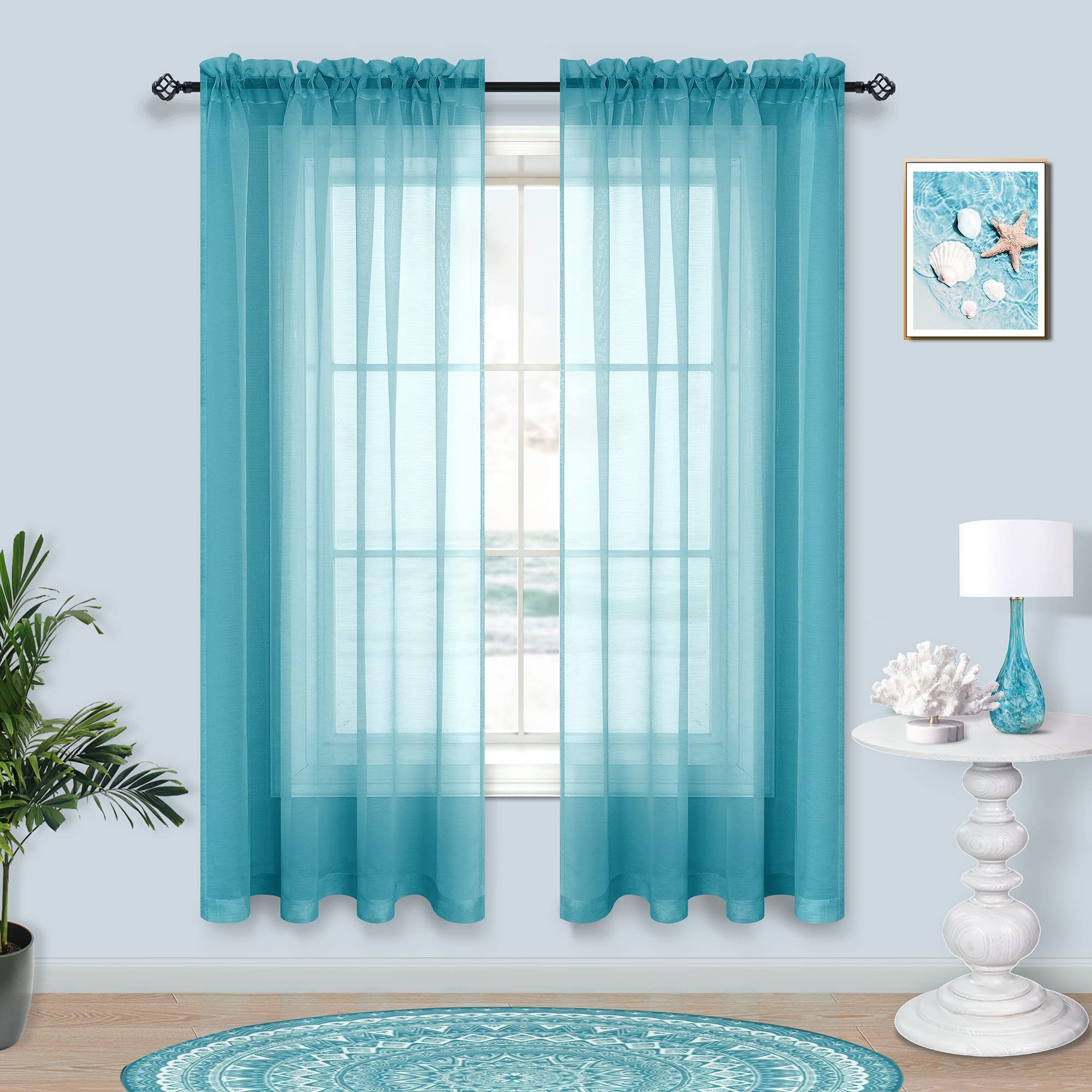 Pitalk Teal Curtains 63 Inch Length for Bedroom 2 Panel Sets Rod Pocket Window Sheer Curtains for Living Room 52x63 Inches Long