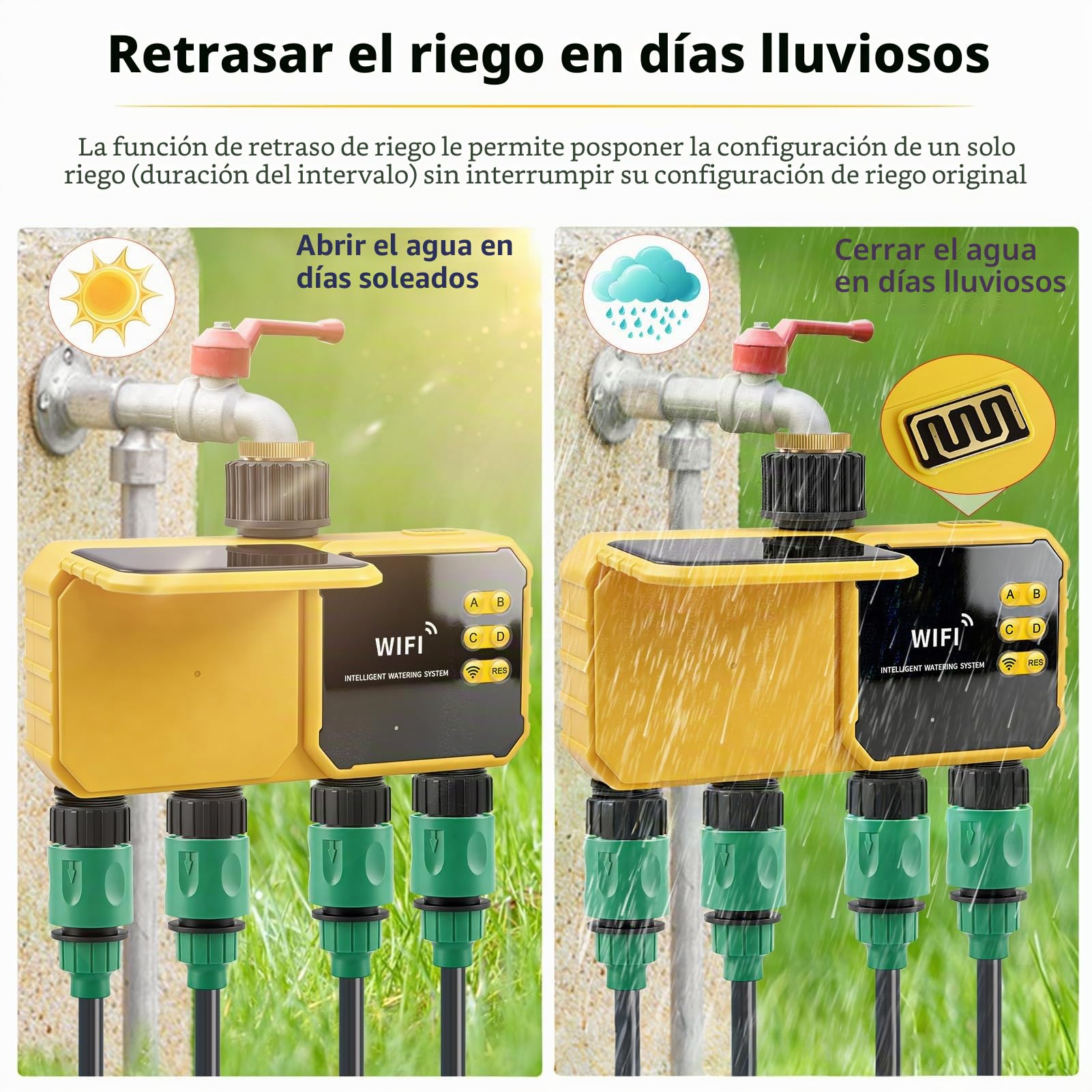 Temporizador Riego Solar, 4 Zonas WiFi Controlador Válvula Agua Solar Inteligente Control Aplicación Sensor Lluvia Temporizador Agua para Patio Exterior Jardín Playas Patio