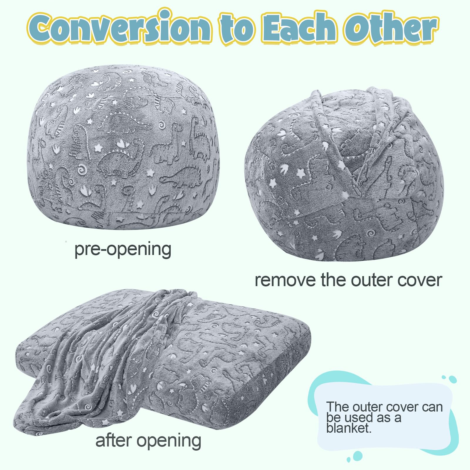 Kids Bean Bag Chair Turn into Beanbag Bed, Dinosaur Toddler Bean Chair for Girl Boy Sleeping, Lazy Children Bean Bags with Filler, Convertible Child Floor Mattress, Grey Dino