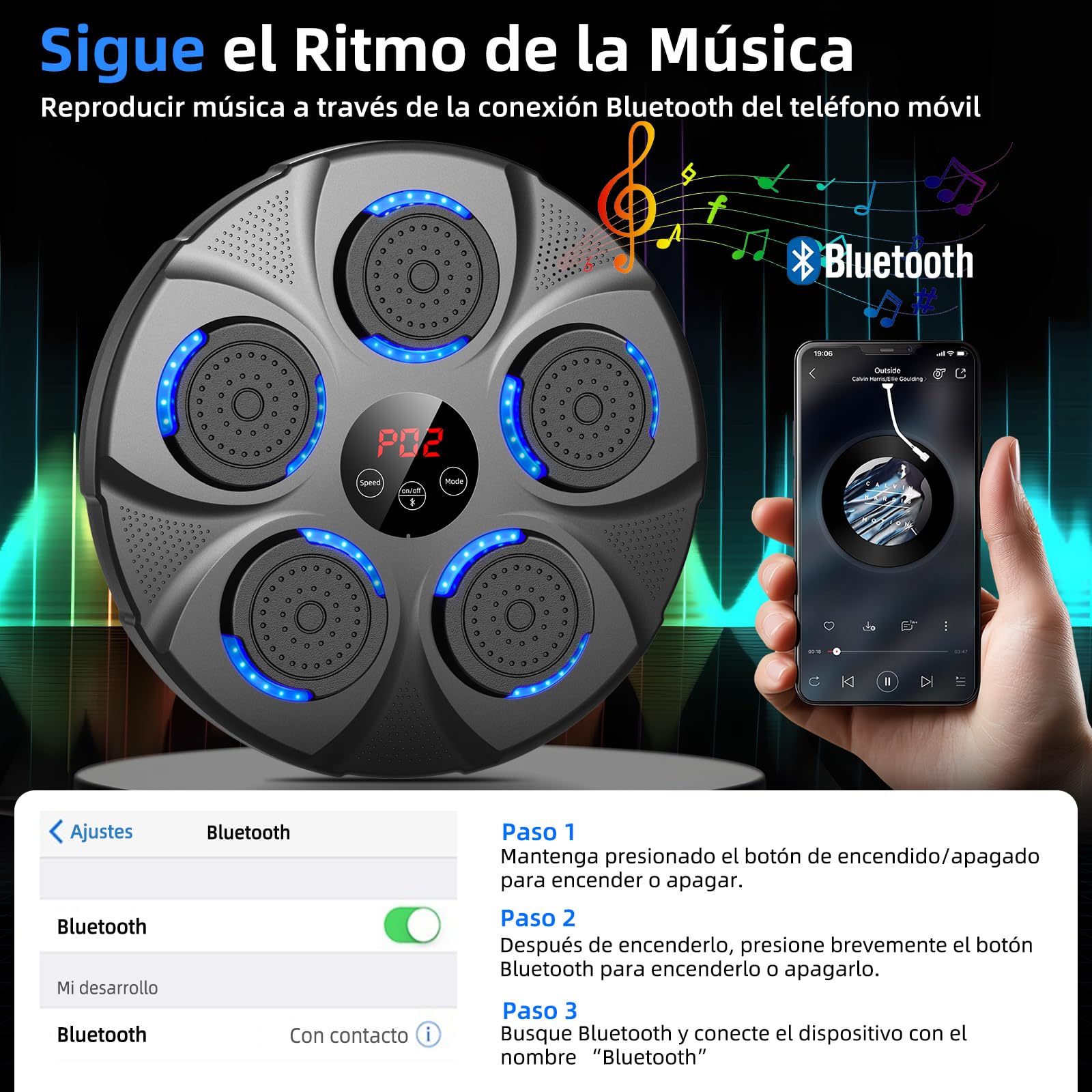 Máquina de Boxeo Musical, Máquina de Boxeo Electrónico Profesional con Guantes, Bluetooth, 9 Velocidades/Modos para Niños y Adultos, Casa, Oficina, Gimnasio, Negro