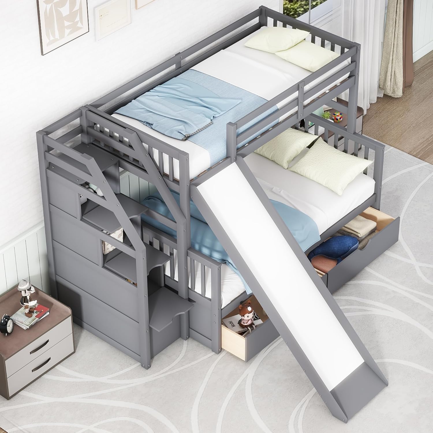 Harper & Bright Designs Twin Over Full Size Bunk Bed with Slide and Storage Drawers, Solid Wood Bunk Bed Frame with Stairs for Kids Teens Girls Boys, Grey